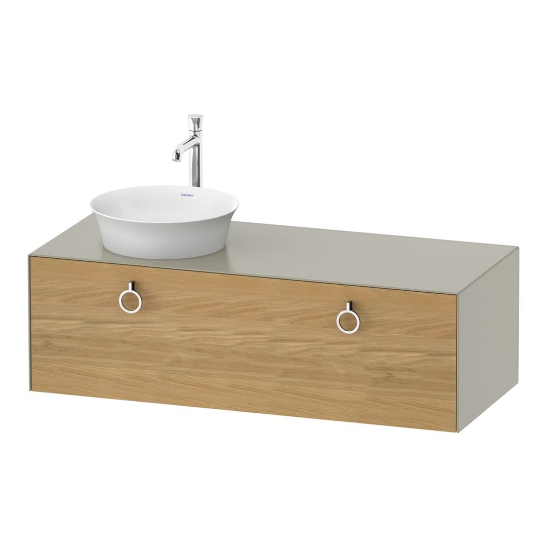 Duravit White Tulip – Έπιπλο Νιπτήρα – 1300 mm, για κονσόλα, 1 συρτάρι, νιπτήρας αριστερά, σώμα Taupe Satin Matt, Chrome High Gloss – Natural Oak solid Matt, Solid wood (WT4982LH560)