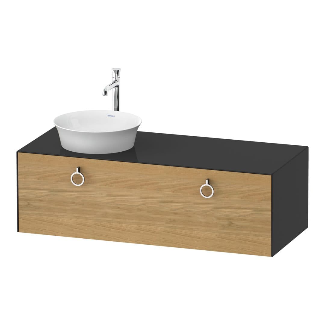 Duravit White Tulip – Έπιπλο Νιπτήρα – 1300 mm, για κονσόλα, 1 συρτάρι, νιπτήρας αριστερά, σώμα Graphite High Gloss, Chrome High Gloss – Natural Oak solid Matt, Solid wood (WT4982LH5H1)