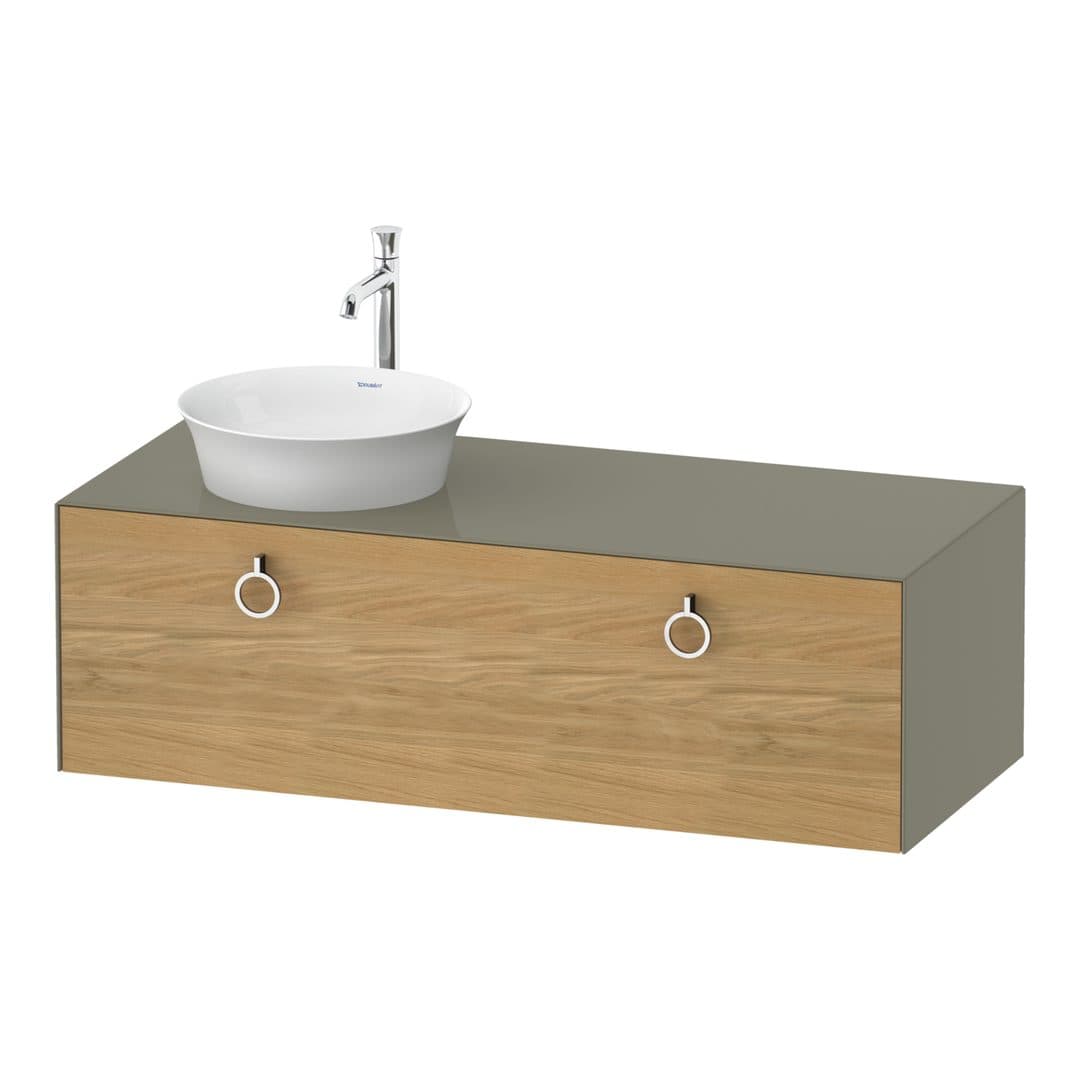 Duravit White Tulip – Έπιπλο Νιπτήρα – 1300 mm, για κονσόλα, 1 συρτάρι, νιπτήρας αριστερά, σώμα Stone grey High Gloss, Chrome High Gloss – Natural Oak solid Matt, Solid wood (WT4982LH5H2)