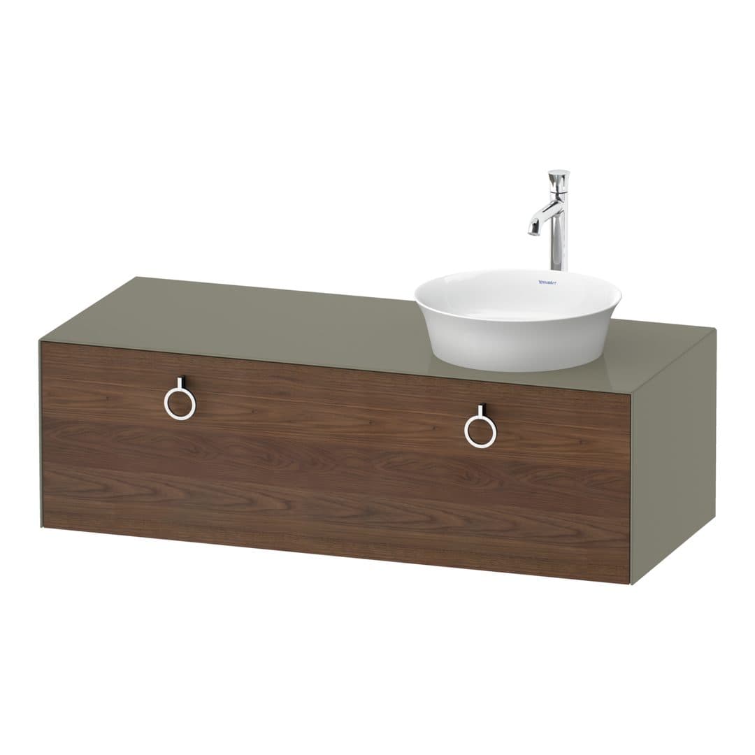 Duravit White Tulip – Έπιπλο Νιπτήρα – 1300 mm, για κονσόλα, 1 συρτάρι, νιπτήρας δεξιά, σώμα Stone grey High Gloss, Chrome High Gloss – American walnut Matt, Solid wood (WT4982R77H2)