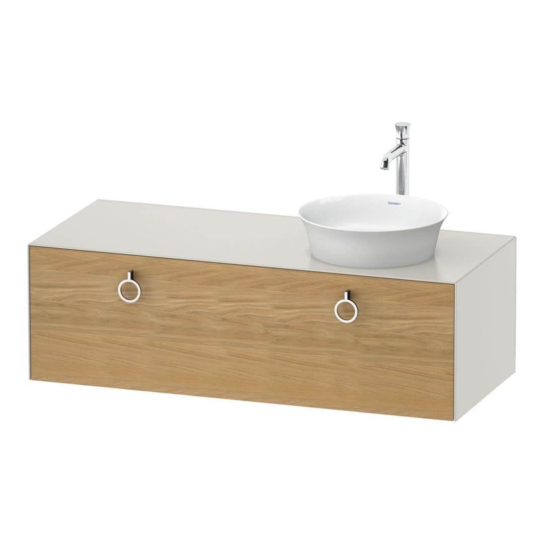 Duravit White Tulip – Έπιπλο Νιπτήρα – 1300 mm, για κονσόλα, 1 συρτάρι, νιπτήρας δεξιά, σώμα Nordic white Satin Matt, Chrome High Gloss – Natural Oak solid Matt, Solid wood (WT4982RH539)