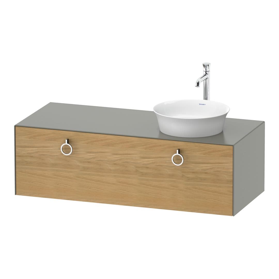 Duravit White Tulip – Έπιπλο Νιπτήρα – 1300 mm, για κονσόλα, 1 συρτάρι, νιπτήρας δεξιά, σώμα Stone grey Satin Matt, Chrome High Gloss – Natural Oak solid Matt, Solid wood (WT4982RH592)