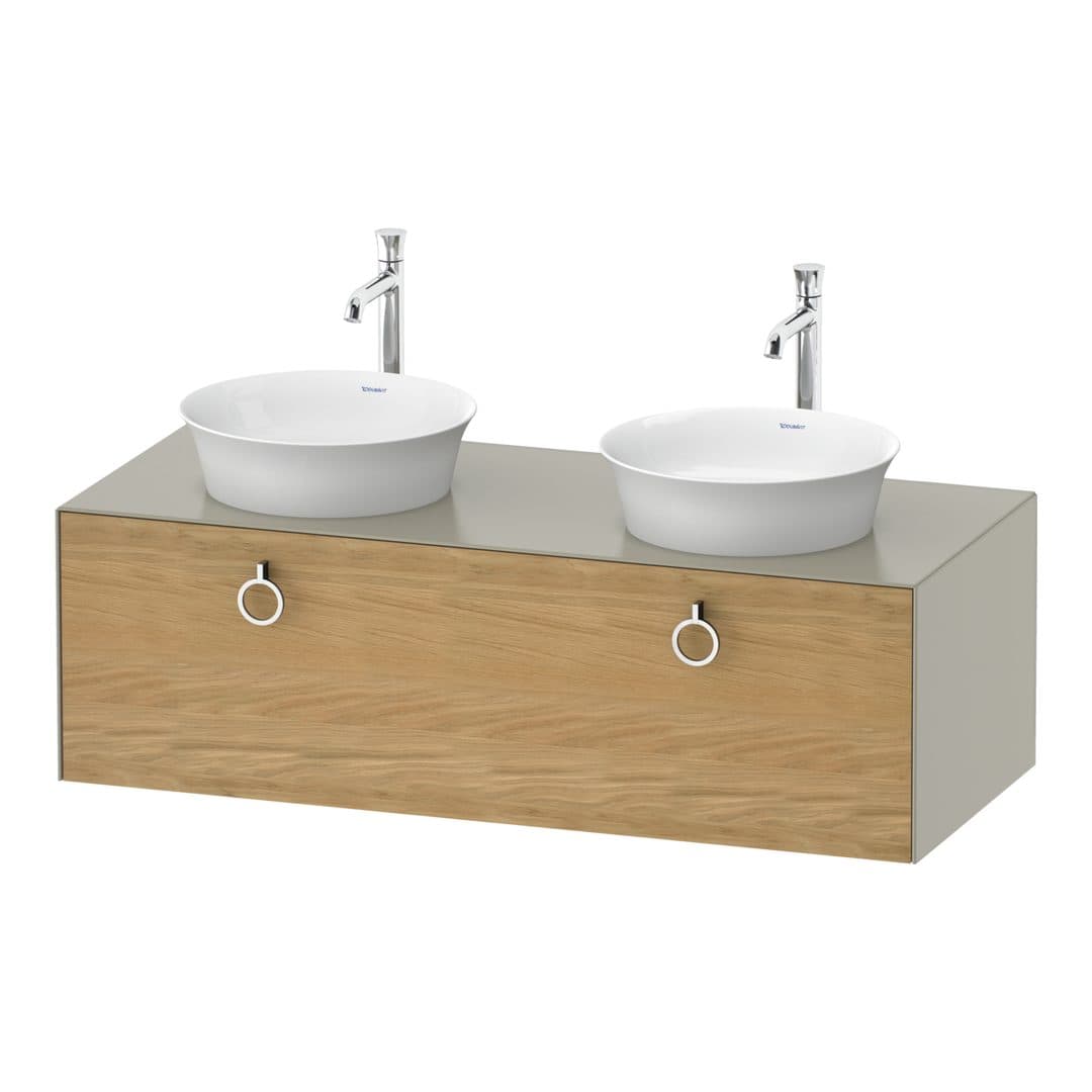 Duravit White Tulip – Έπιπλο Νιπτήρα – 1300 mm, για κονσόλα, 1 συρτάρι, σώμα Taupe Satin Matt, Chrome High Gloss – Natural Oak solid Matt, Solid wood (WT4983BH560)