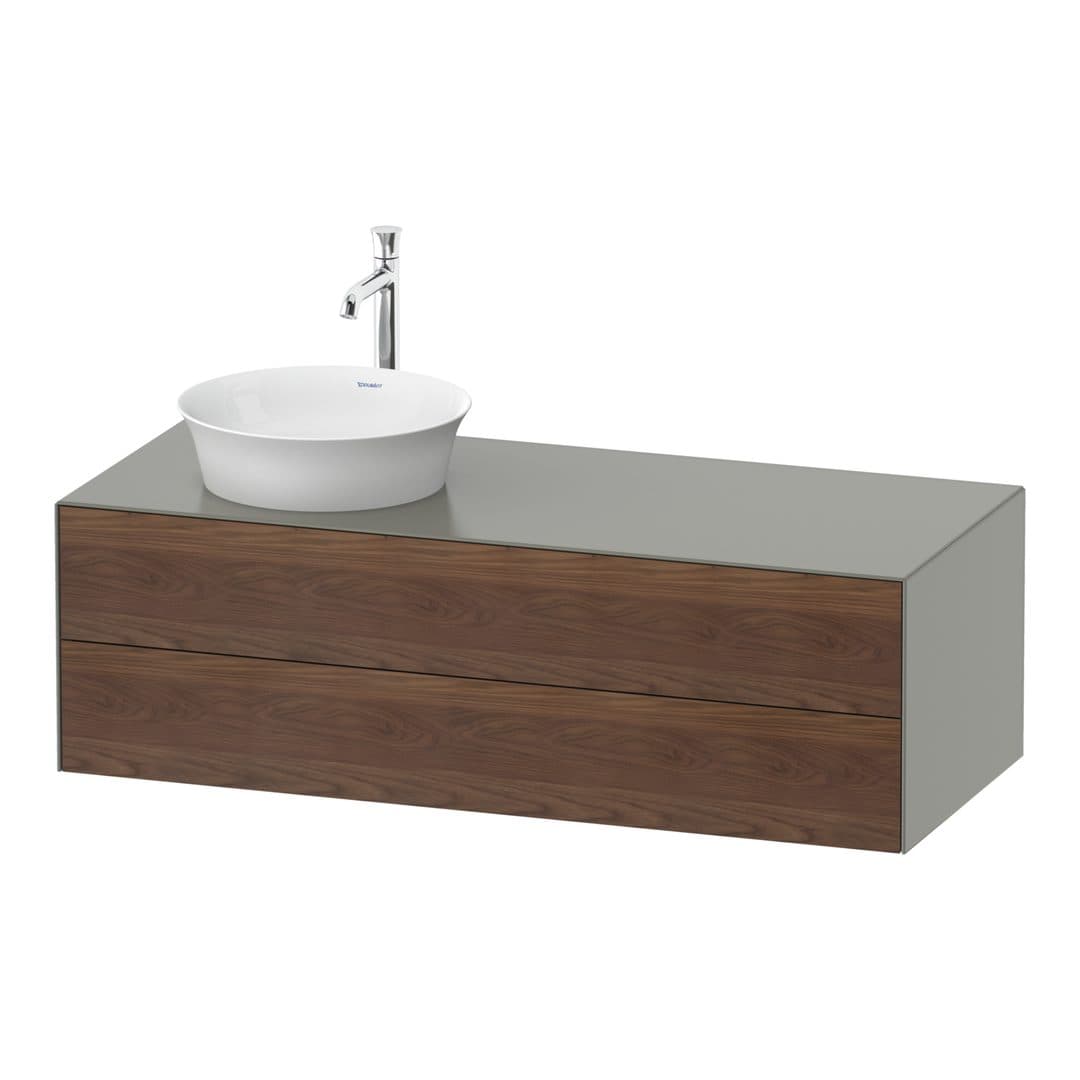 Duravit White Tulip – Έπιπλο Νιπτήρα – 1300 mm, για κονσόλα, 2 συρτάρια, νιπτήρας αριστερά, σώμα Stone grey Satin Matt – American walnut Matt, Solid wood (WT4987L7792)