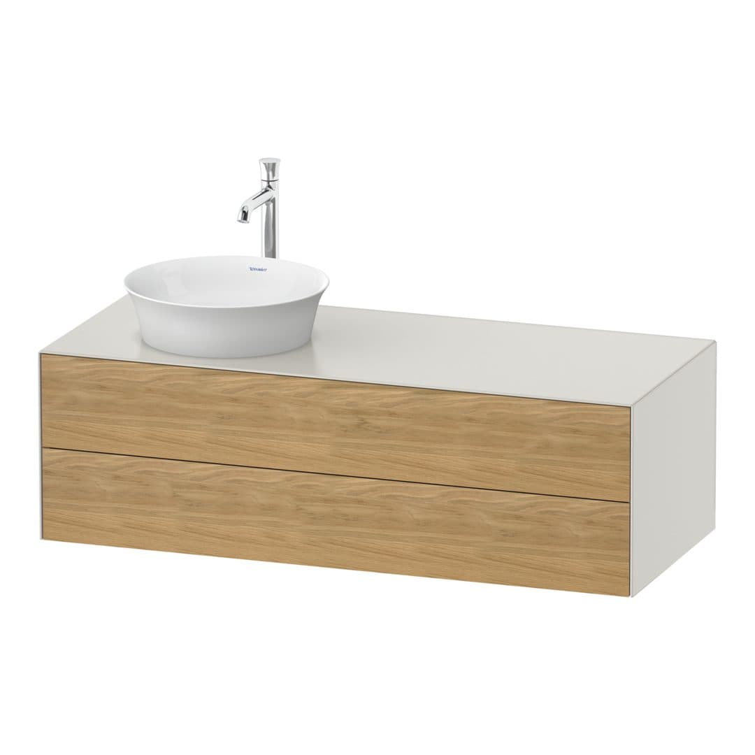 Duravit White Tulip – Έπιπλο Νιπτήρα – 1300 mm, για κονσόλα, 2 συρτάρια, νιπτήρας αριστερά, σώμα Nordic white Satin Matt – Natural Oak solid Matt, Solid wood (WT4987LH539)