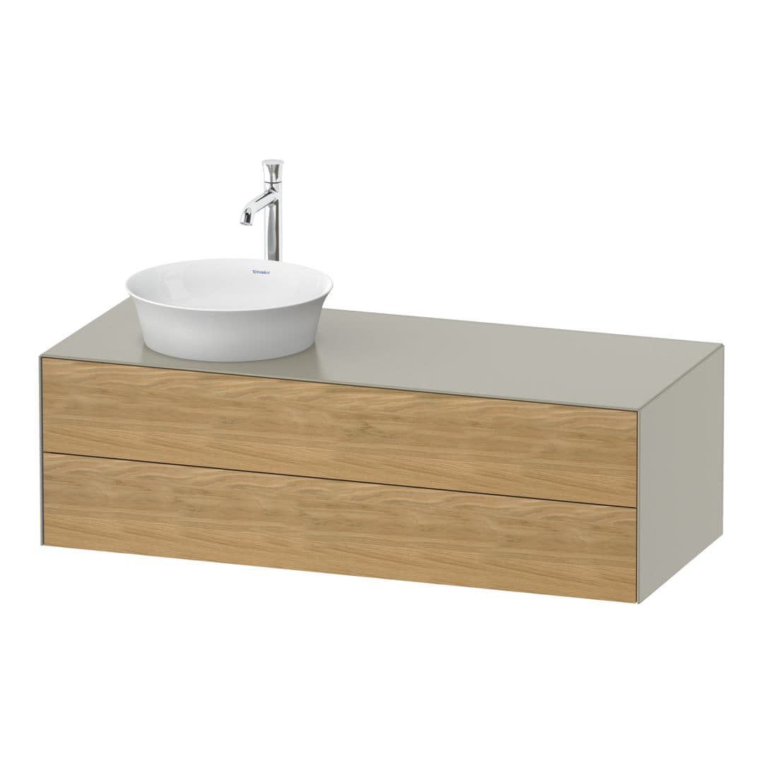 Duravit White Tulip – Έπιπλο Νιπτήρα – 1300 mm, για κονσόλα, 2 συρτάρια, νιπτήρας αριστερά, σώμα Taupe Satin Matt – Natural Oak solid Matt, Solid wood (WT4987LH560)