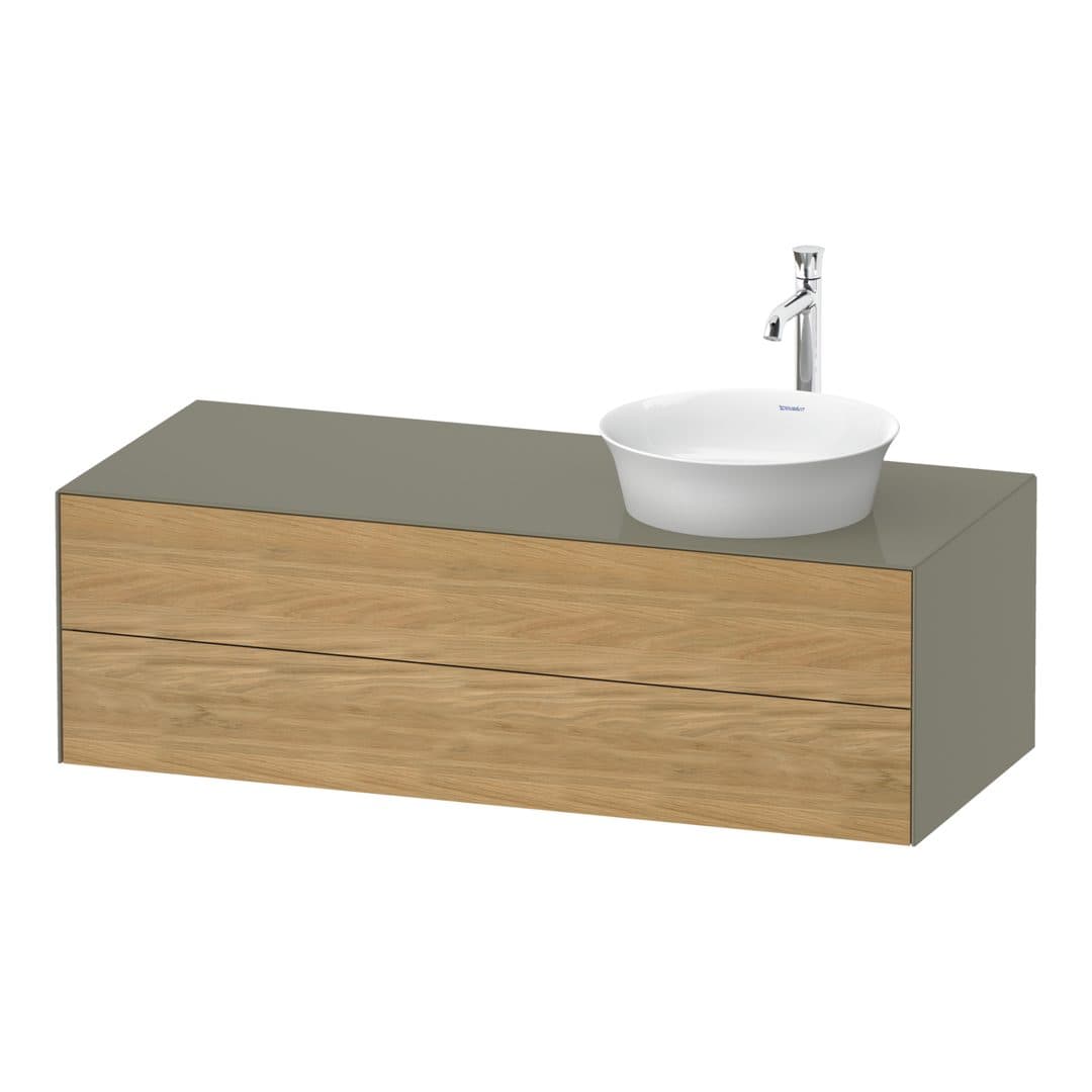 Duravit White Tulip – Έπιπλο Νιπτήρα – 1300 mm, για κονσόλα, 2 συρτάρια, νιπτήρας δεξιά, σώμα Stone grey High Gloss – Natural Oak solid Matt, Solid wood (WT4987RH5H2)