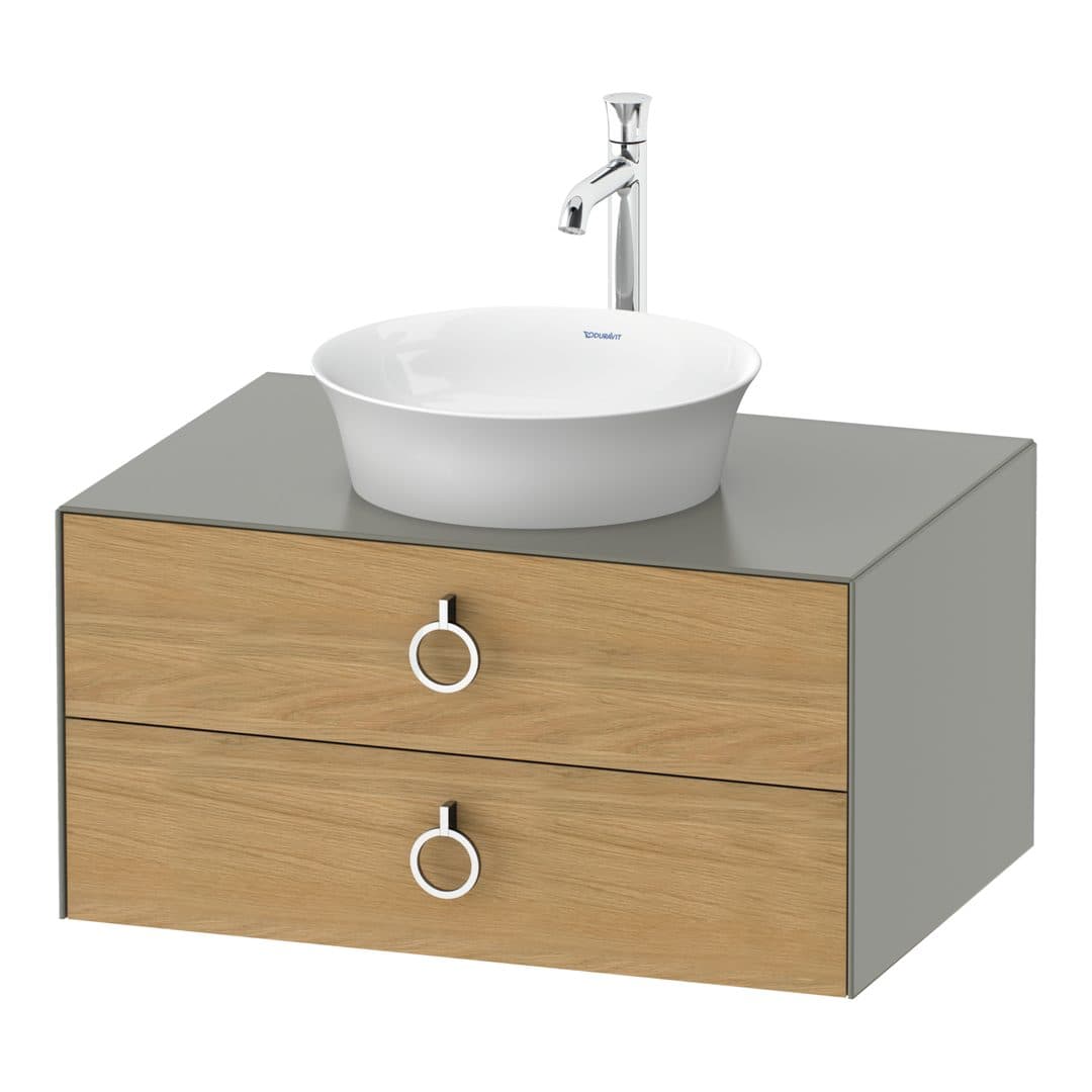 Duravit White Tulip – Έπιπλο Νιπτήρα – 800 mm, για κονσόλα, 2 συρτάρια, νιπτήρας κέντρο, σώμα Stone grey Satin Matt, Chrome High Gloss – Natural Oak solid Matt, Solid wood (WT49900H592)