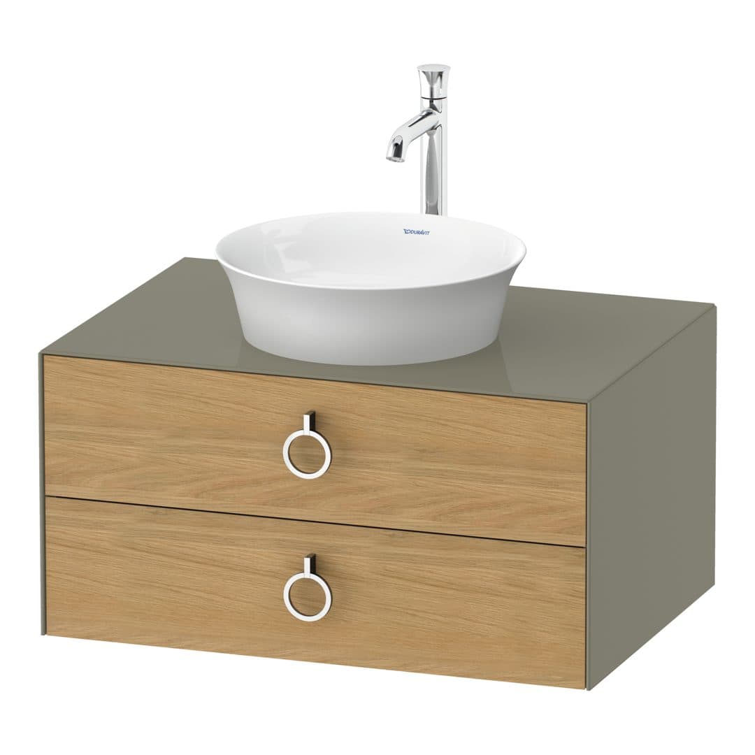 Duravit White Tulip – Έπιπλο Νιπτήρα – 800 mm, για κονσόλα, 2 συρτάρια, νιπτήρας κέντρο, σώμα Stone grey High Gloss, Chrome High Gloss – Natural Oak solid Matt, Solid wood (WT49900H5H2)