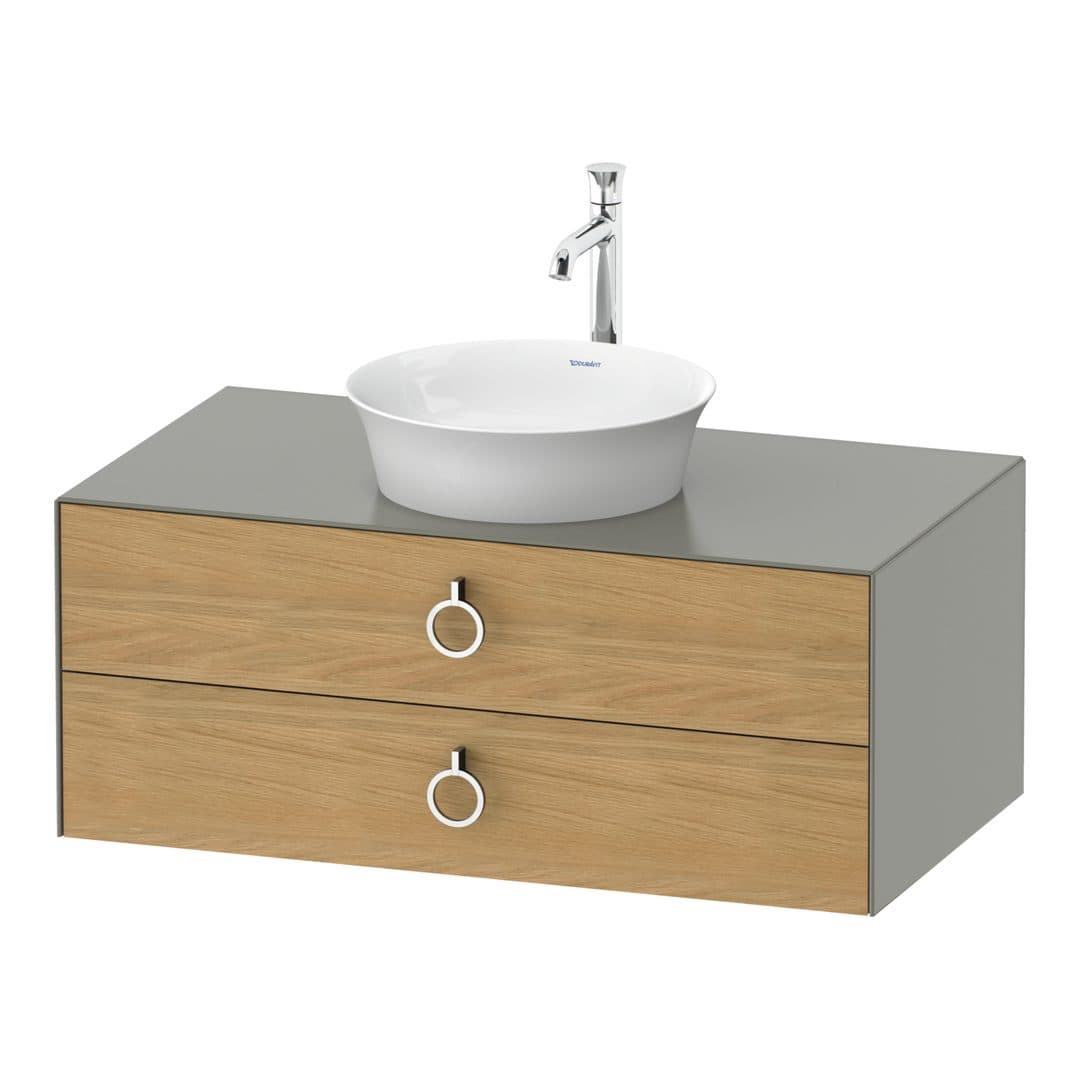 Duravit White Tulip – Έπιπλο Νιπτήρα – 1000 mm, για κονσόλα, 2 συρτάρια, νιπτήρας κέντρο, σώμα Stone grey Satin Matt, Chrome High Gloss – Natural Oak solid Matt, Solid wood (WT49910H592)