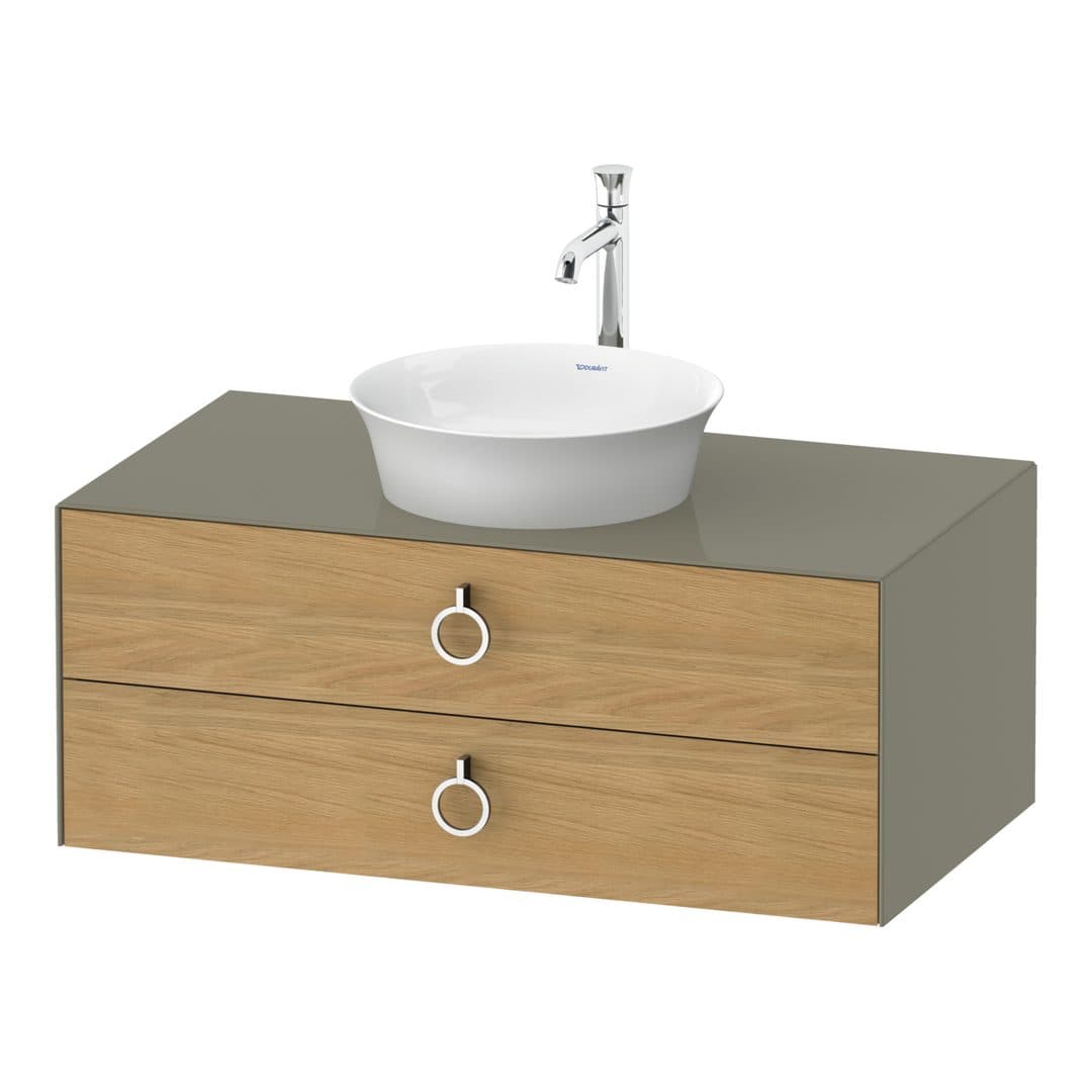 Duravit White Tulip – Έπιπλο Νιπτήρα – 1000 mm, για κονσόλα, 2 συρτάρια, νιπτήρας κέντρο, σώμα Stone grey High Gloss, Chrome High Gloss – Natural Oak solid Matt, Solid wood (WT49910H5H2)