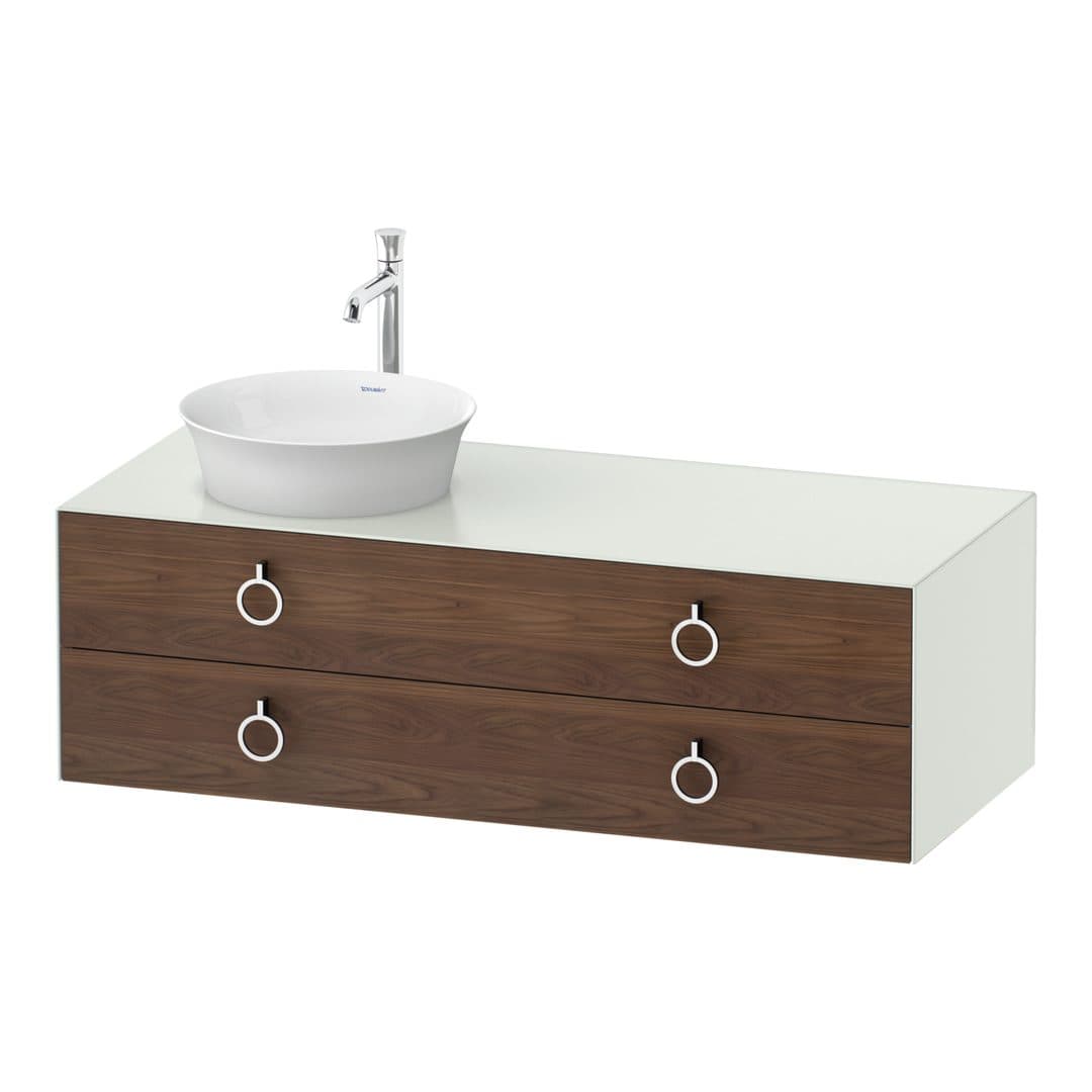 Duravit White Tulip – Έπιπλο Νιπτήρα – 1300 mm, για κονσόλα, 2 συρτάρια, νιπτήρας αριστερά, σώμα White Satin Matt, Chrome High Gloss – American walnut Matt, Solid wood (WT4992L7736)