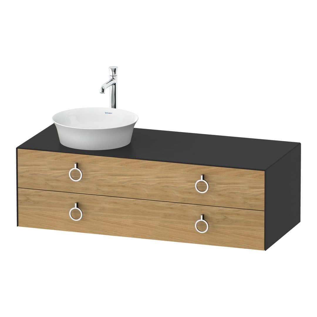 Duravit White Tulip – Έπιπλο Νιπτήρα – 1300 mm, για κονσόλα, 2 συρτάρια, νιπτήρας αριστερά, σώμα Graphite Satin Matt, Chrome High Gloss – Natural Oak solid Matt, Solid wood (WT4992LH558)