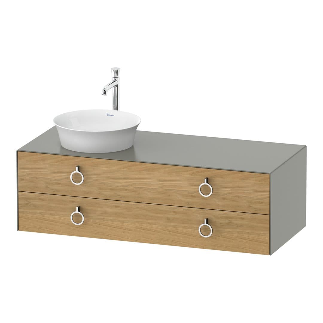 Duravit White Tulip – Έπιπλο Νιπτήρα – 1300 mm, για κονσόλα, 2 συρτάρια, νιπτήρας αριστερά, σώμα Stone grey Satin Matt, Chrome High Gloss – Natural Oak solid Matt, Solid wood (WT4992LH592)