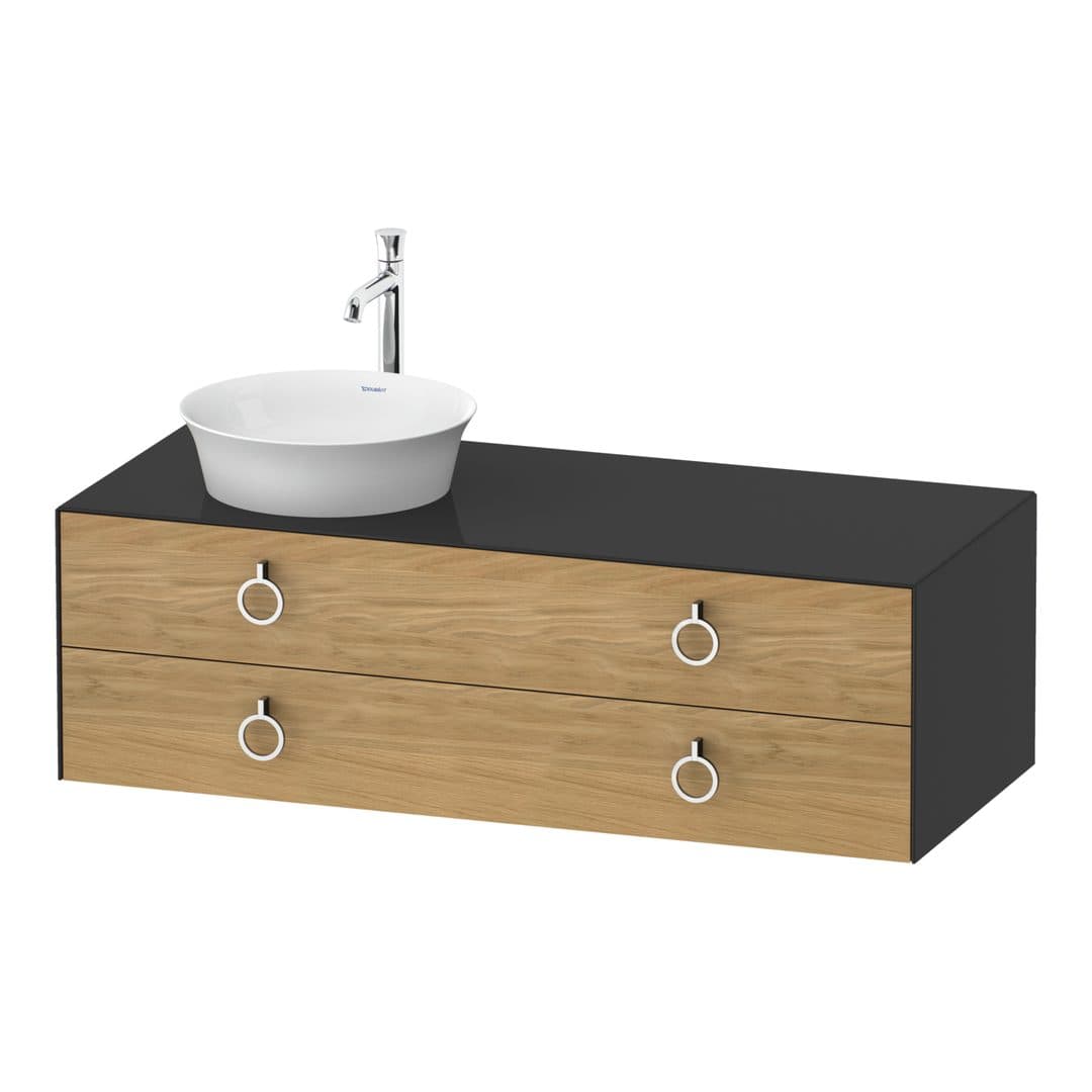 Duravit White Tulip – Έπιπλο Νιπτήρα – 1300 mm, για κονσόλα, 2 συρτάρια, νιπτήρας αριστερά, σώμα Graphite High Gloss, Chrome High Gloss – Natural Oak solid Matt, Solid wood (WT4992LH5H1)