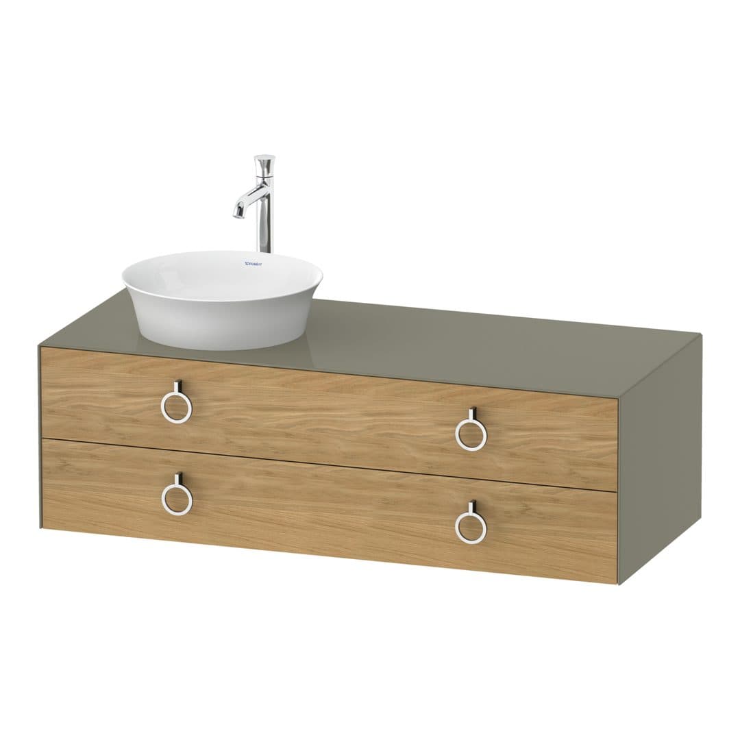 Duravit White Tulip – Έπιπλο Νιπτήρα – 1300 mm, για κονσόλα, 2 συρτάρια, νιπτήρας αριστερά, σώμα Stone grey High Gloss, Chrome High Gloss – Natural Oak solid Matt, Solid wood (WT4992LH5H2)