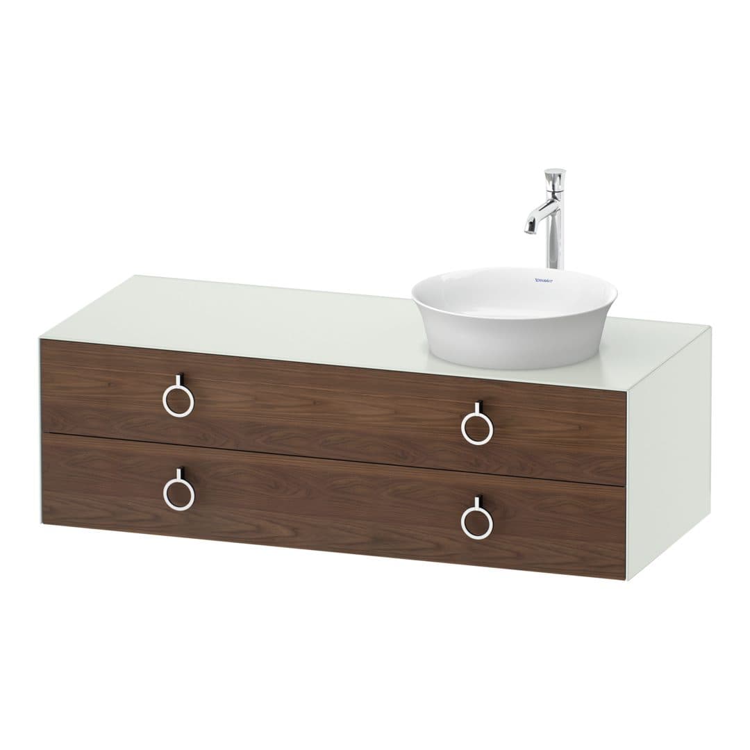 Duravit White Tulip – Έπιπλο Νιπτήρα – 1300 mm, για κονσόλα, 2 συρτάρια, νιπτήρας δεξιά, σώμα White Satin Matt, Chrome High Gloss – American walnut Matt, Solid wood (WT4992R7736)