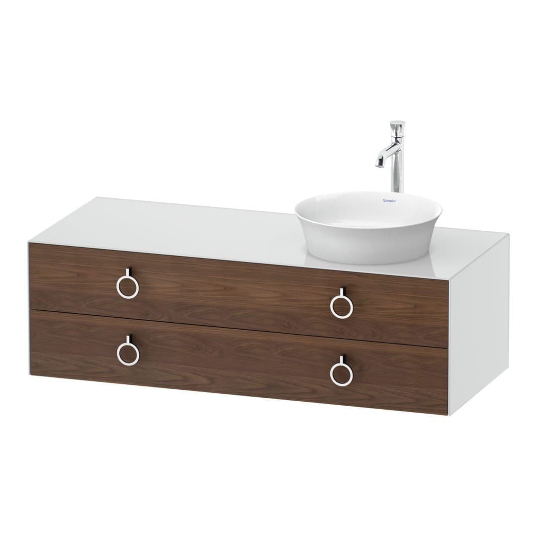 Duravit White Tulip – Έπιπλο Νιπτήρα – 1300 mm, για κονσόλα, 2 συρτάρια, νιπτήρας δεξιά, σώμα White High Gloss, Chrome High Gloss – American walnut Matt, Solid wood (WT4992R7785)