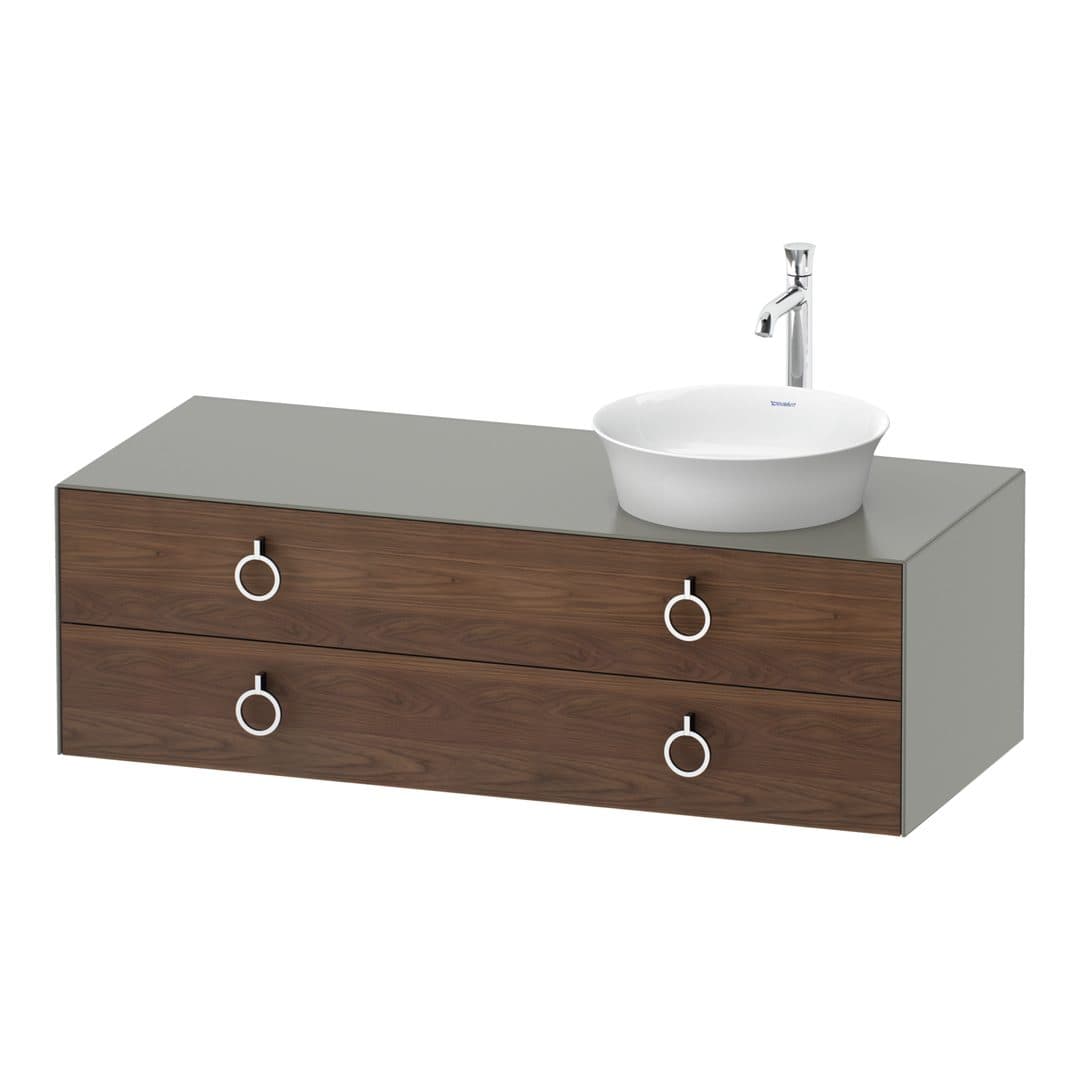 Duravit White Tulip – Έπιπλο Νιπτήρα – 1300 mm, για κονσόλα, 2 συρτάρια, νιπτήρας δεξιά, σώμα Stone grey Satin Matt, Chrome High Gloss – American walnut Matt, Solid wood (WT4992R7792)