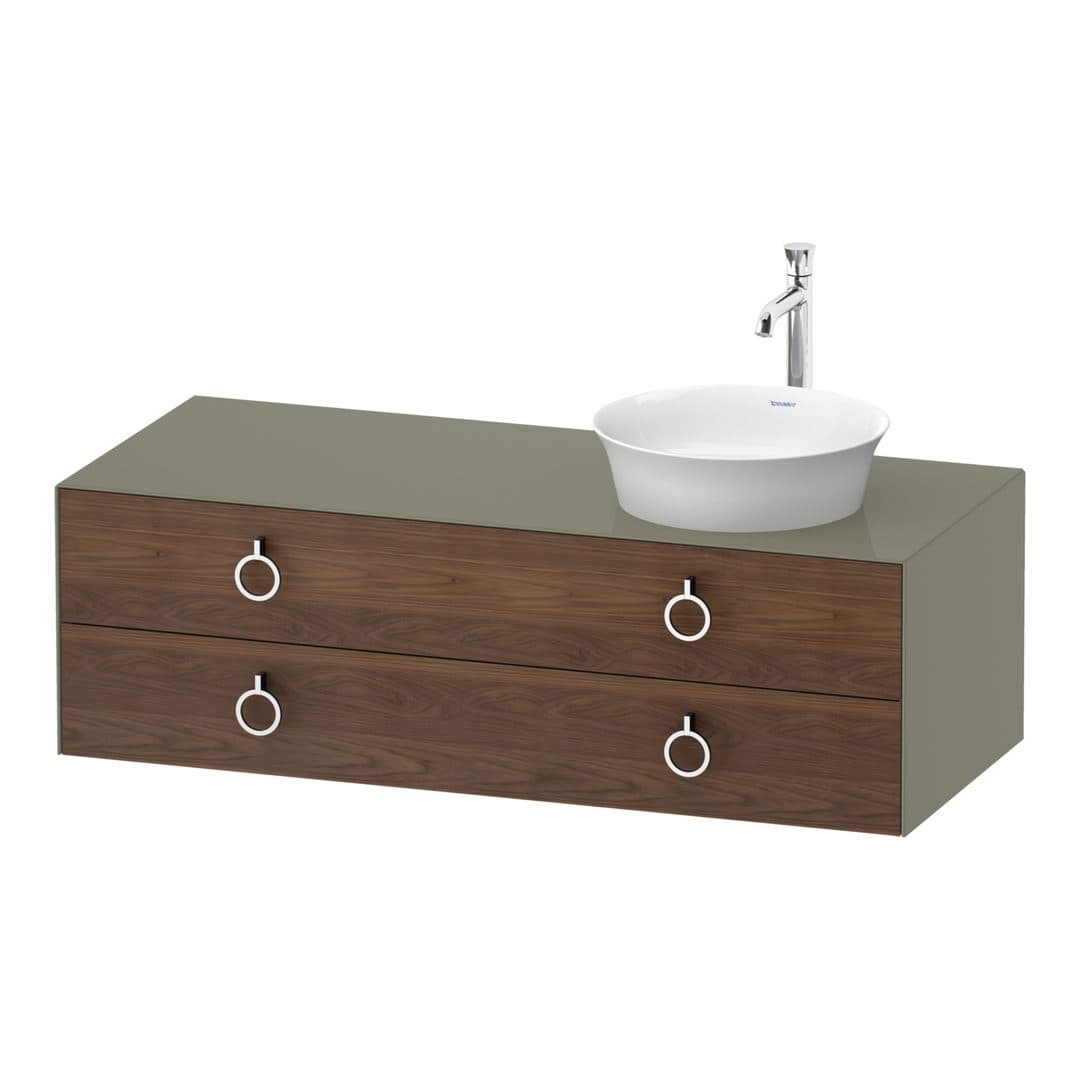 Duravit White Tulip – Έπιπλο Νιπτήρα – 1300 mm, για κονσόλα, 2 συρτάρια, νιπτήρας δεξιά, σώμα Stone grey High Gloss, Chrome High Gloss – American walnut Matt, Solid wood (WT4992R77H2)