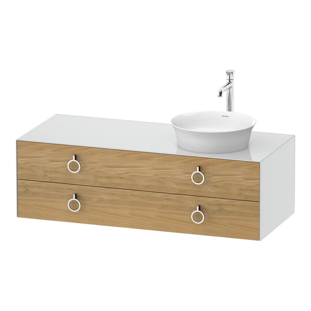 Duravit White Tulip – Έπιπλο Νιπτήρα – 1300 mm, για κονσόλα, 2 συρτάρια, νιπτήρας δεξιά, σώμα White High Gloss, Chrome High Gloss – Natural Oak solid Matt, Solid wood (WT4992RH585)