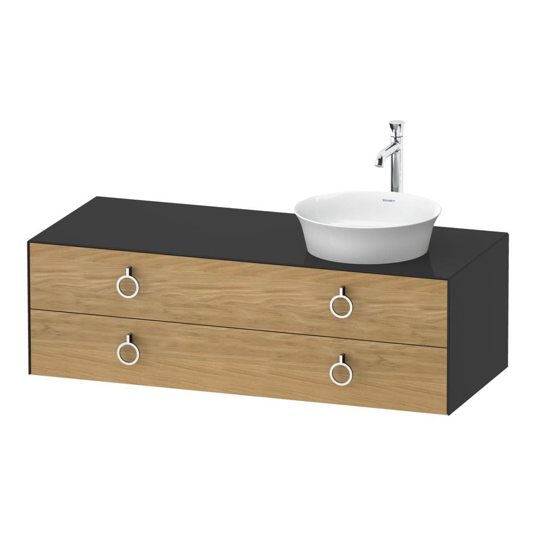 Duravit White Tulip – Έπιπλο Νιπτήρα – 1300 mm, για κονσόλα, 2 συρτάρια, νιπτήρας δεξιά, σώμα Graphite High Gloss, Chrome High Gloss – Natural Oak solid Matt, Solid wood (WT4992RH5H1)