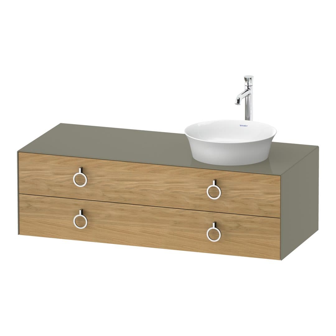 Duravit White Tulip – Έπιπλο Νιπτήρα – 1300 mm, για κονσόλα, 2 συρτάρια, νιπτήρας δεξιά, σώμα Stone grey High Gloss, Chrome High Gloss – Natural Oak solid Matt, Solid wood (WT4992RH5H2)