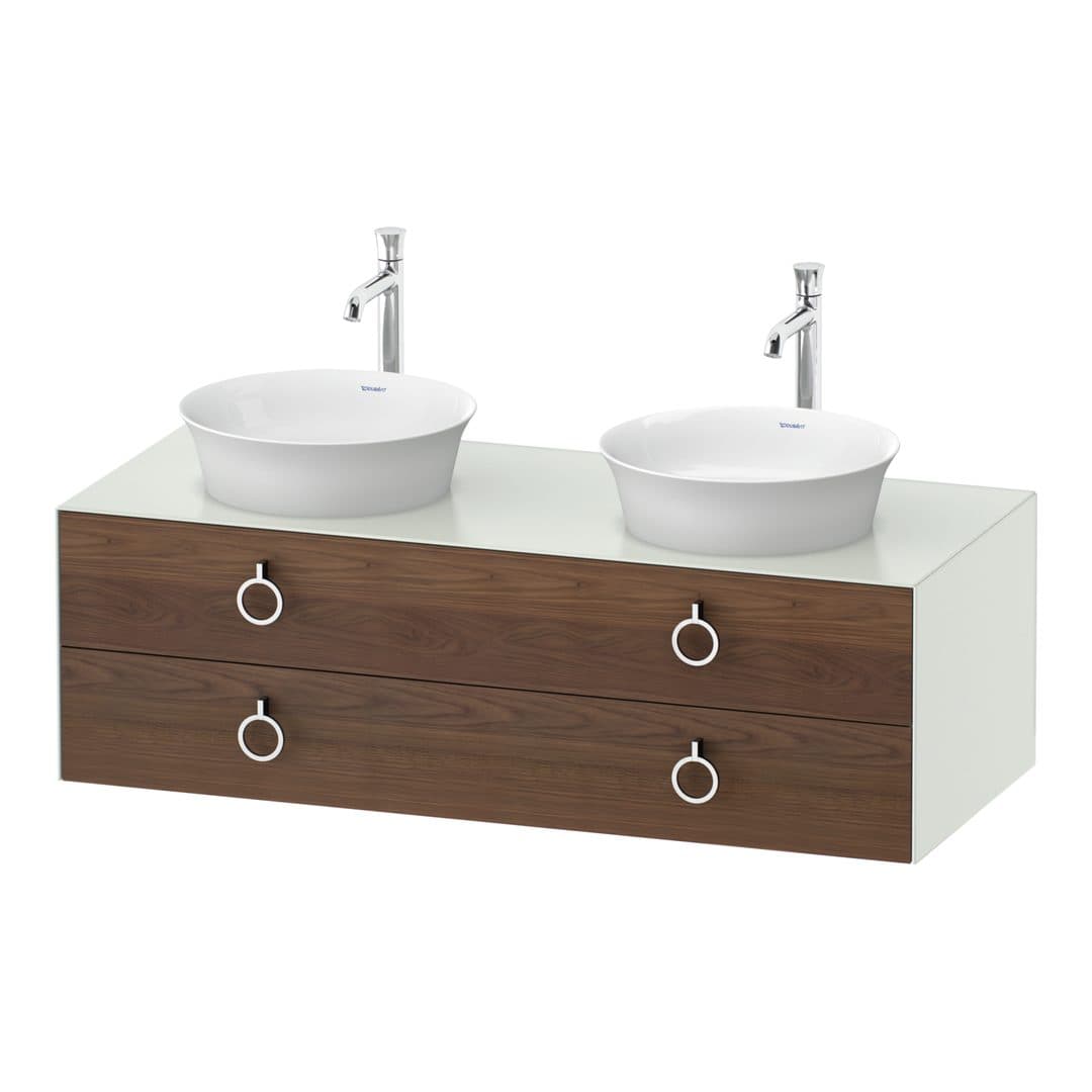 Duravit White Tulip – Έπιπλο Νιπτήρα – 1300 mm, για κονσόλα, 2 συρτάρια, σώμα White Satin Matt, Chrome High Gloss – American walnut Matt, Solid wood (WT4993B7736)