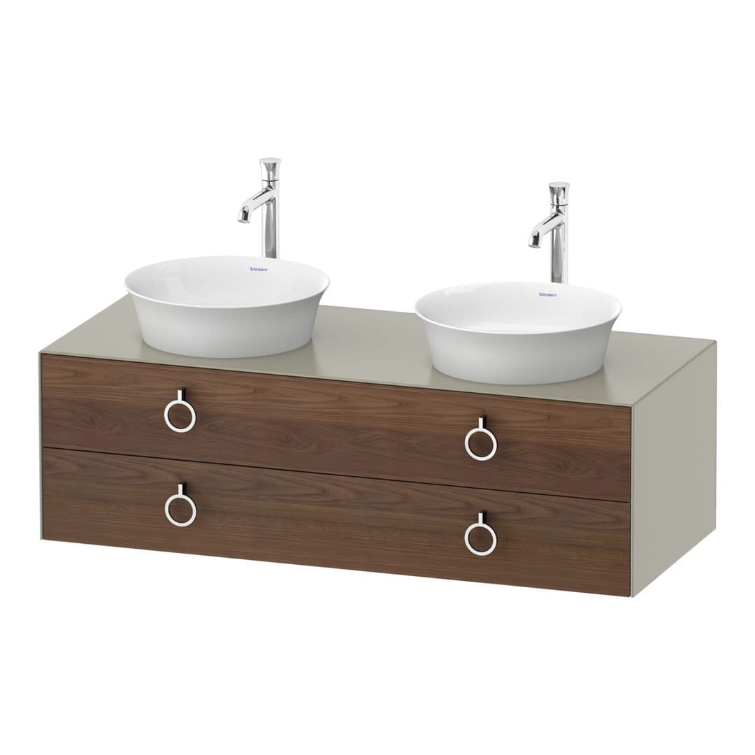 Duravit White Tulip – Έπιπλο Νιπτήρα – 1300 mm, για κονσόλα, 2 συρτάρια, σώμα Taupe Satin Matt, Chrome High Gloss – American walnut Matt, Solid wood (WT4993B7760)