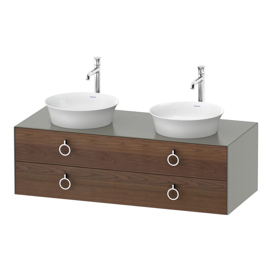 Duravit White Tulip – Έπιπλο Νιπτήρα – 1300 mm, για κονσόλα, 2 συρτάρια, σώμα Stone grey Satin Matt, Chrome High Gloss – American walnut Matt, Solid wood (WT4993B7792)