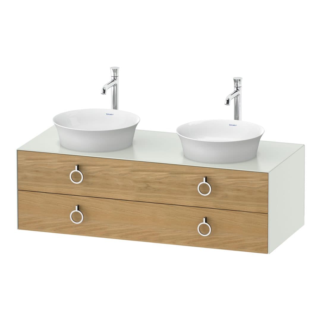 Duravit White Tulip – Έπιπλο Νιπτήρα – 1300 mm, για κονσόλα, 2 συρτάρια, σώμα White Satin Matt, Chrome High Gloss – Natural Oak solid Matt, Solid wood (WT4993BH536)