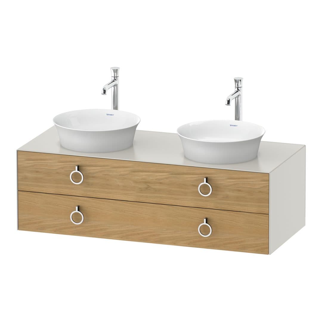 Duravit White Tulip – Έπιπλο Νιπτήρα – 1300 mm, για κονσόλα, 2 συρτάρια, σώμα Nordic white Satin Matt, Chrome High Gloss – Natural Oak solid Matt, Solid wood (WT4993BH539)
