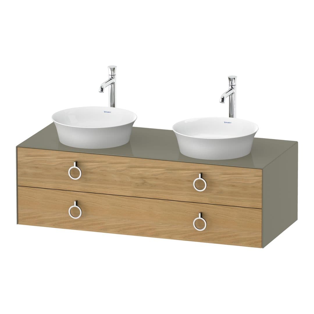 Duravit White Tulip – Έπιπλο Νιπτήρα – 1300 mm, για κονσόλα, 2 συρτάρια, σώμα Stone grey High Gloss, Chrome High Gloss – Natural Oak solid Matt, Solid wood (WT4993BH5H2)