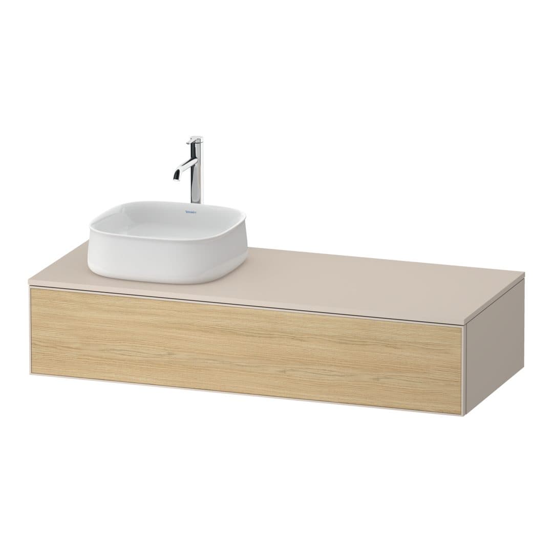 Duravit Zencha – Έπιπλο Νιπτήρα – 1300 mm, για κονσόλα, 1 συρτάρι, νιπτήρας αριστερά, σώμα Taupe Super Matt, αριστερή έκδοση – Natural oak, Decor (ZE4812L30830000)