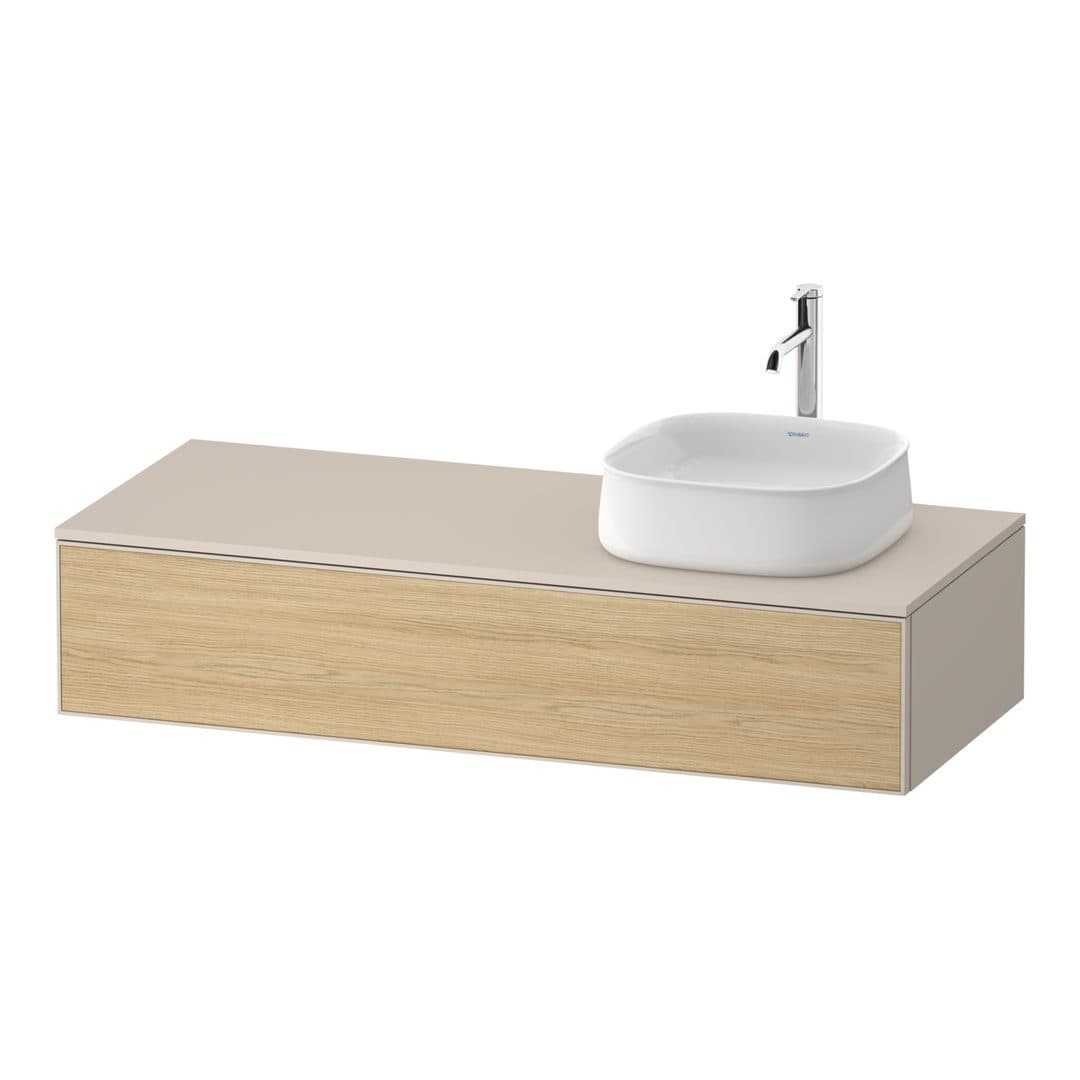 Duravit Zencha – Έπιπλο Νιπτήρα – 1300 mm, για κονσόλα, 1 συρτάρι, νιπτήρας δεξιά, σώμα Taupe Super Matt, δεξιά έκδοση – Natural oak, Decor (ZE4812R30830000)