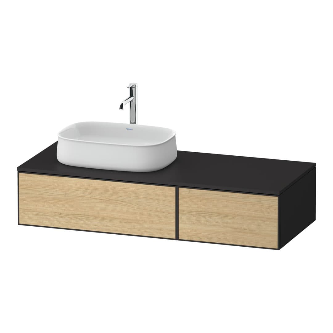 Duravit Zencha – Έπιπλο Νιπτήρα – 1300 mm, για κονσόλα, 2 συρτάρια, νιπτήρας αριστερά, σώμα Graphite Super Matt, 1300 x 550 x 281 mm – Natural oak, Decor (ZE4816030800000)