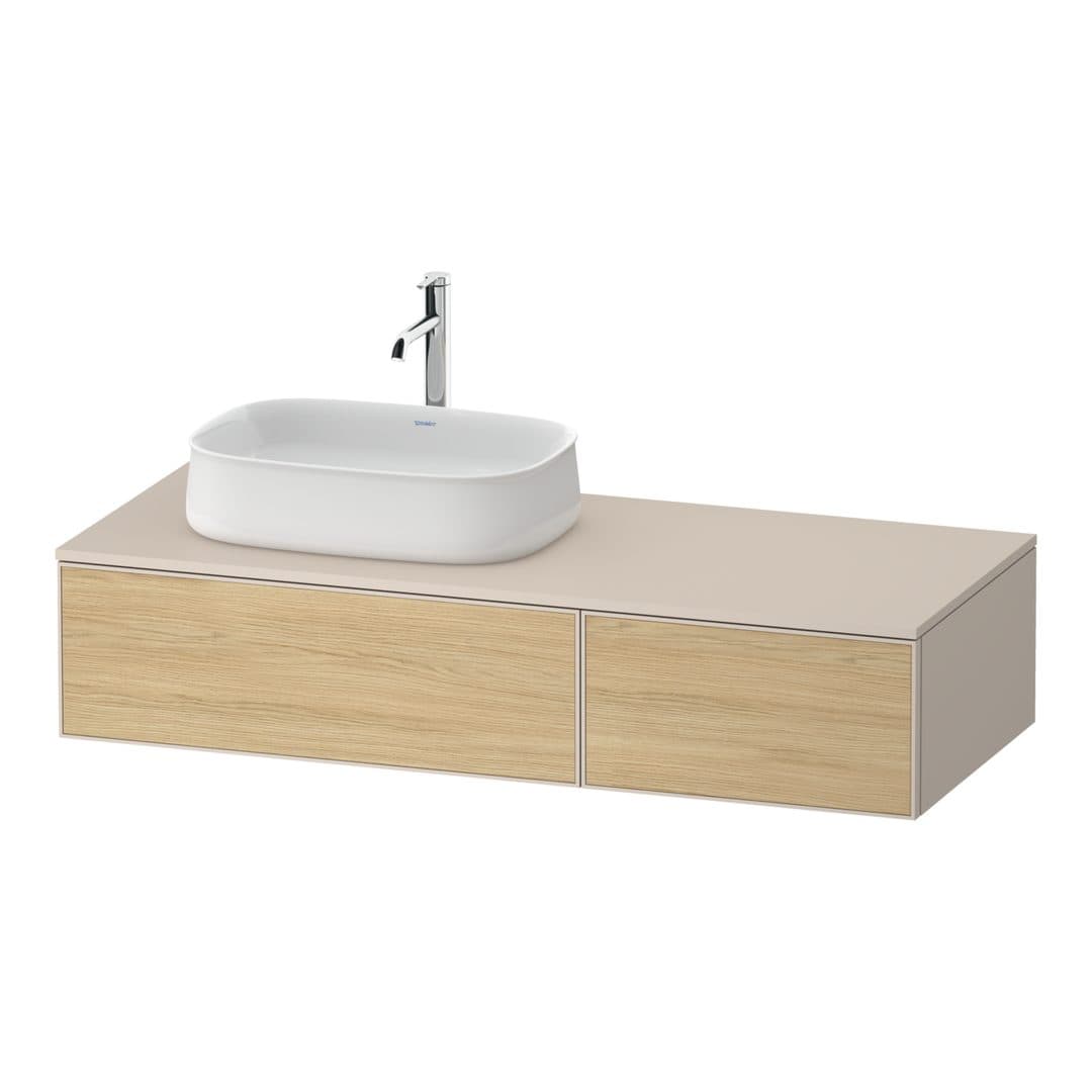 Duravit Zencha – Έπιπλο Νιπτήρα – 1300 mm, για κονσόλα, 2 συρτάρια, νιπτήρας αριστερά, σώμα Taupe Super Matt, 1300 x 550 x 281 mm – Natural oak, Decor (ZE4816030830000)