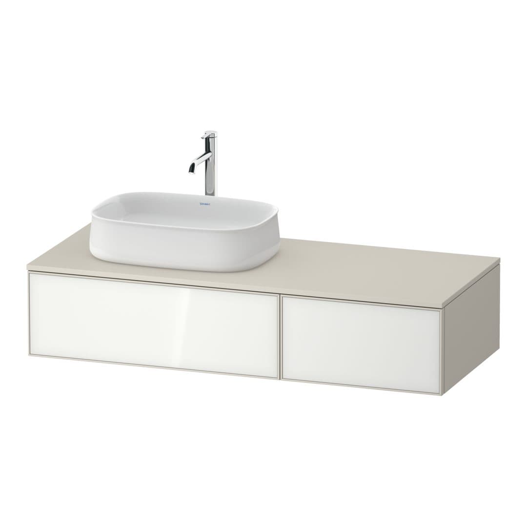 Duravit Zencha – Έπιπλο Νιπτήρα – 1300 mm, για κονσόλα, 2 συρτάρια, νιπτήρας αριστερά, σώμα Taupe Super Matt, 1300 x 550 x 281 mm – White, Glass (ZE4816064830000)