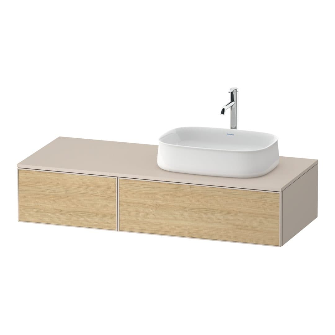 Duravit Zencha – Έπιπλο Νιπτήρα – 1300 mm, για κονσόλα, 2 συρτάρια, νιπτήρας δεξιά, σώμα Taupe Super Matt, 1300 x 550 x 281 mm – Natural oak, Decor (ZE4817030830000)