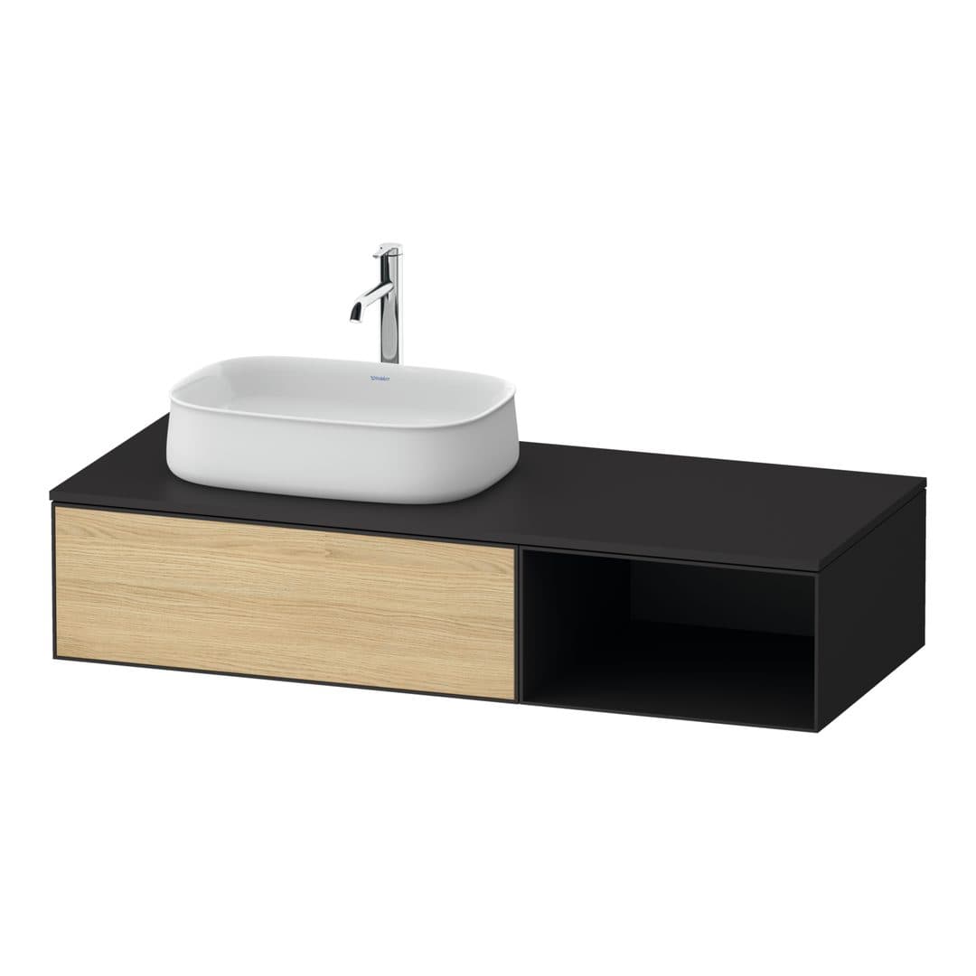 Duravit Zencha – Έπιπλο Νιπτήρα – 1300 mm, για κονσόλα, 1 συρτάρι, νιπτήρας αριστερά, σώμα Graphite Super Matt – Natural oak, Decor (ZE4818030800000)