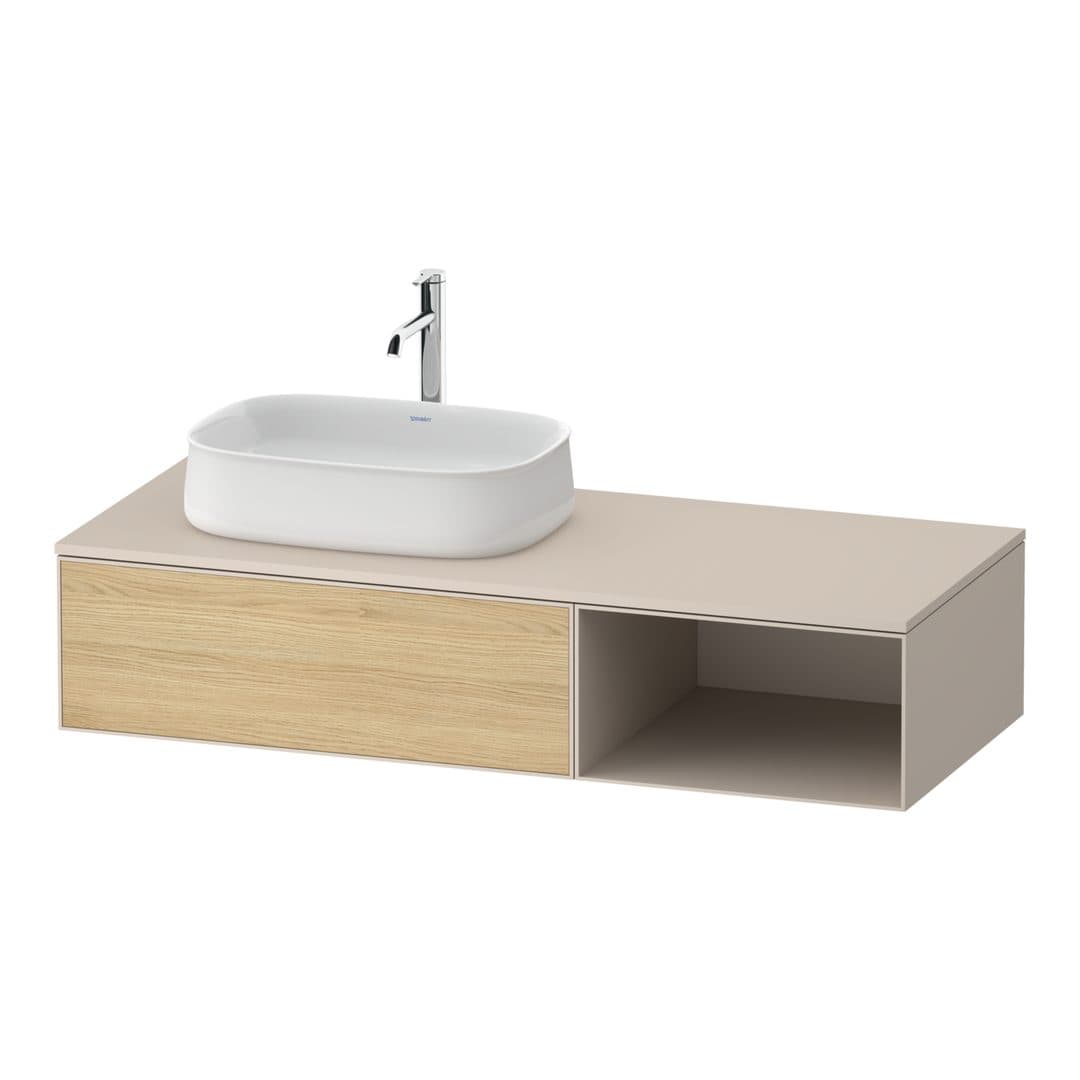 Duravit Zencha – Έπιπλο Νιπτήρα – 1300 mm, για κονσόλα, 1 συρτάρι, νιπτήρας αριστερά, σώμα Taupe Super Matt – Natural oak, Decor (ZE4818030830000)