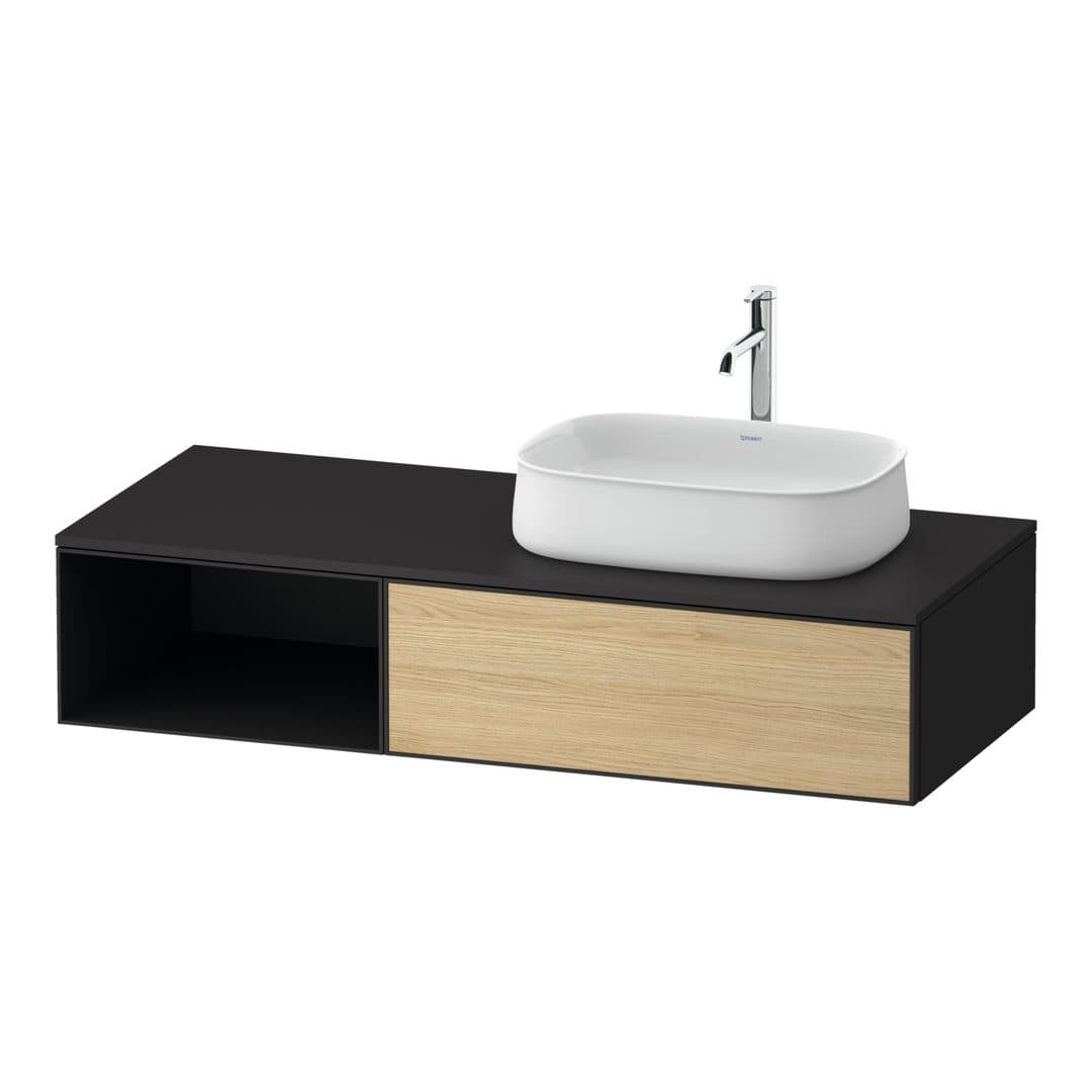 Duravit Zencha – Έπιπλο Νιπτήρα – 1300 mm, για κονσόλα, 1 συρτάρι, νιπτήρας δεξιά, σώμα Graphite Super Matt – Natural oak, Decor (ZE4819030800000)