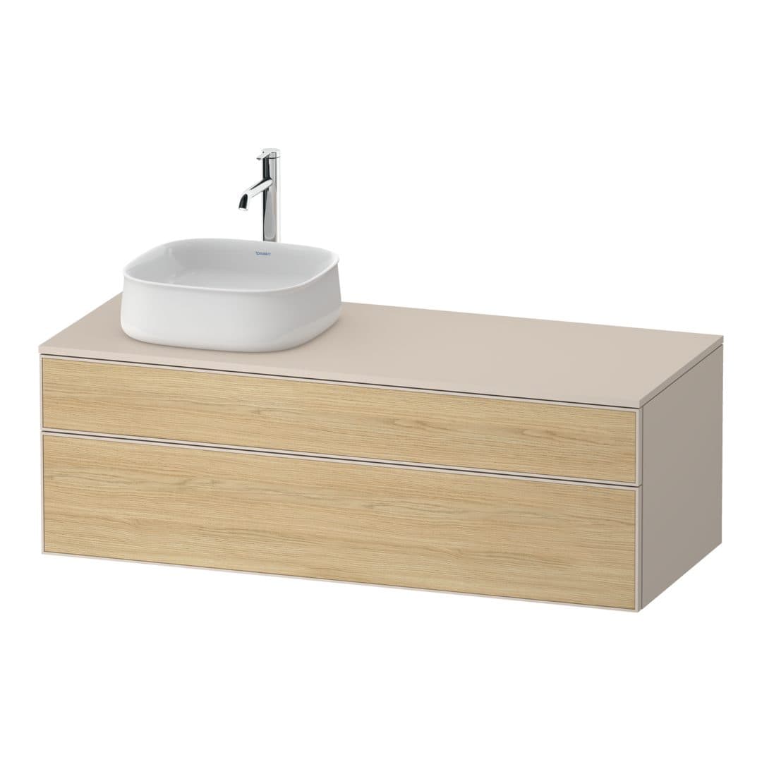 Duravit Zencha – Έπιπλο Νιπτήρα – 1300 mm, για κονσόλα, 2 συρτάρια, νιπτήρας αριστερά, σώμα Taupe Super Matt, 1300 x 550 x 442 mm – Natural oak, Decor (ZE4822L30830000)