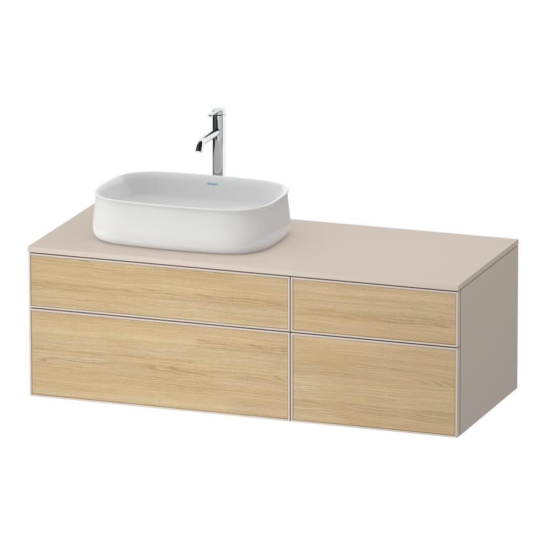 Duravit Zencha – Έπιπλο Νιπτήρα – 1300 mm, για κονσόλα, 4 συρτάρια, νιπτήρας αριστερά, σώμα Taupe Super Matt – Natural oak, Decor (ZE4826030830000)