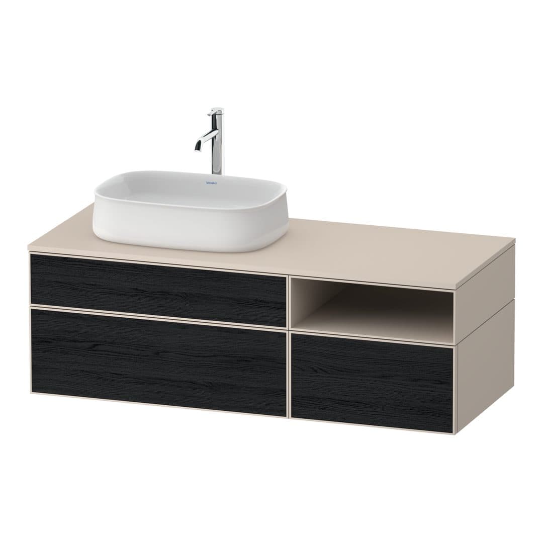 Duravit Zencha – Έπιπλο Νιπτήρα – 1300 mm, για κονσόλα, 3 συρτάρια, νιπτήρας αριστερά, σώμα Taupe Super Matt – Black oak Matt, Decor (ZE4828016830000)