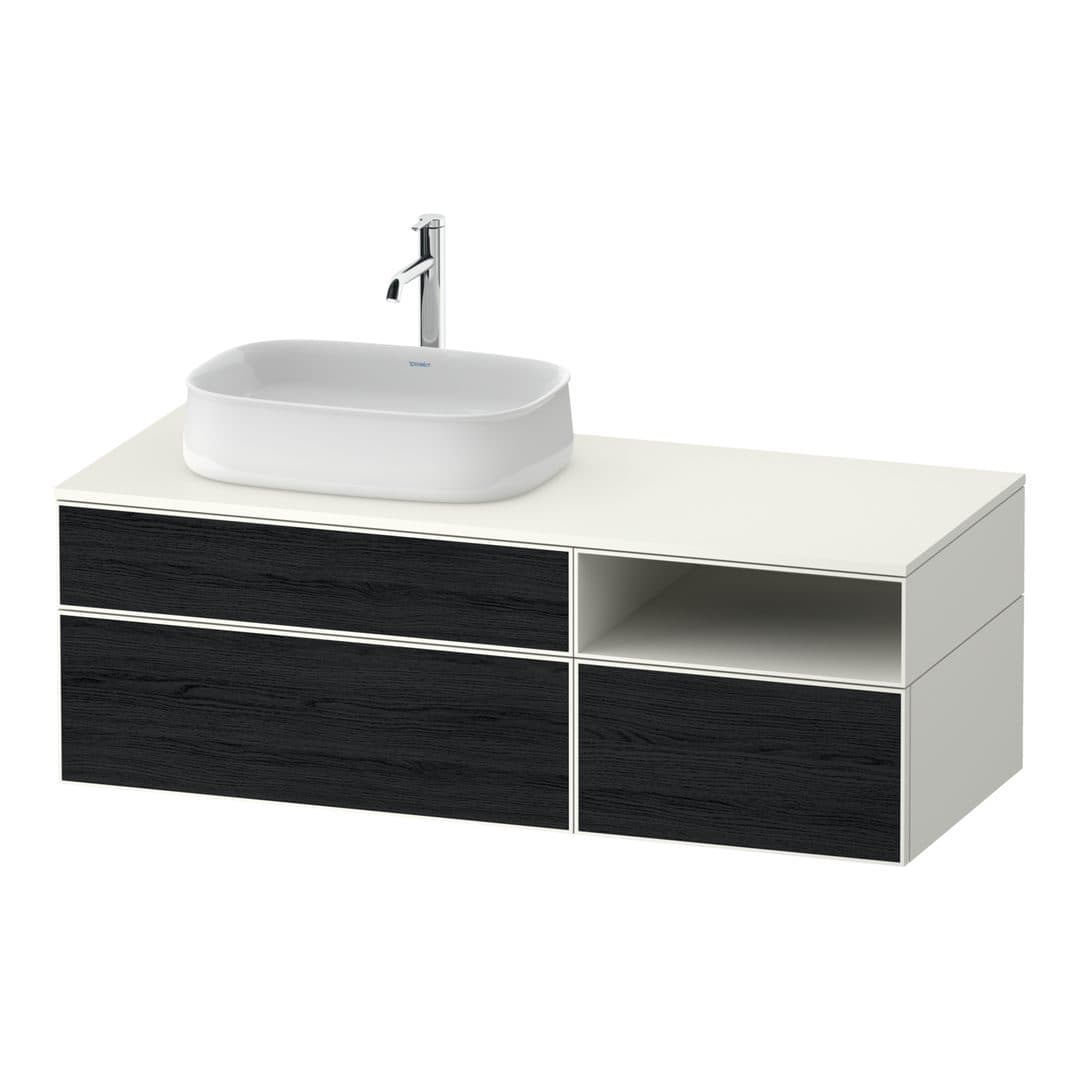 Duravit Zencha – Έπιπλο Νιπτήρα – 1300 mm, για κονσόλα, 3 συρτάρια, νιπτήρας αριστερά, σώμα White Super Matt – Black oak Matt, Decor (ZE4828016840000)