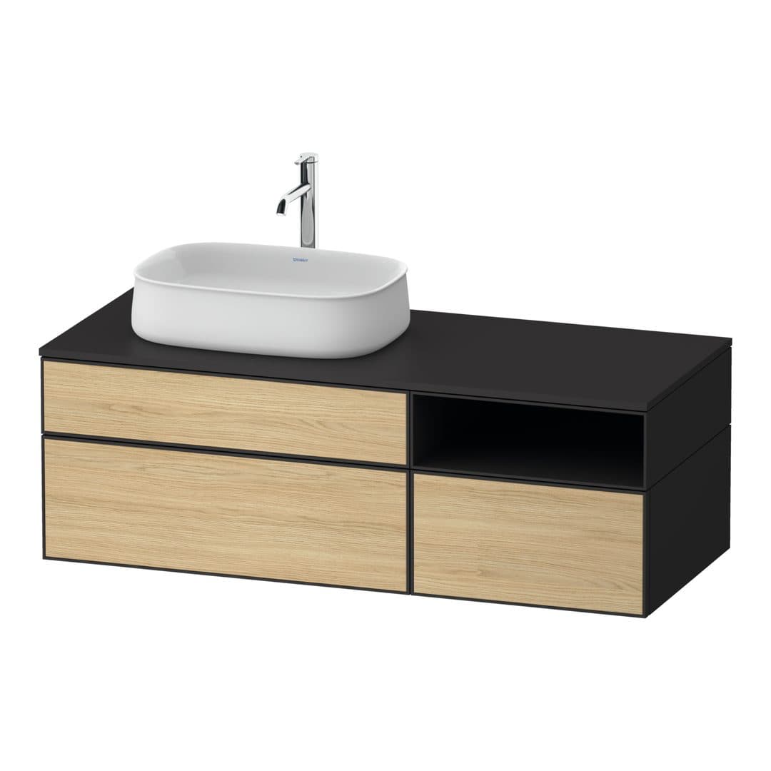 Duravit Zencha – Έπιπλο Νιπτήρα – 1300 mm, για κονσόλα, 3 συρτάρια, νιπτήρας αριστερά, σώμα Graphite Super Matt – Natural oak, Decor (ZE4828030800000)