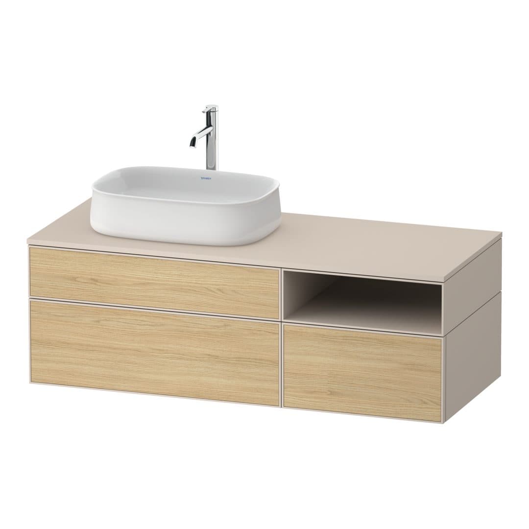 Duravit Zencha – Έπιπλο Νιπτήρα – 1300 mm, για κονσόλα, 3 συρτάρια, νιπτήρας αριστερά, σώμα Taupe Super Matt – Natural oak, Decor (ZE4828030830000)