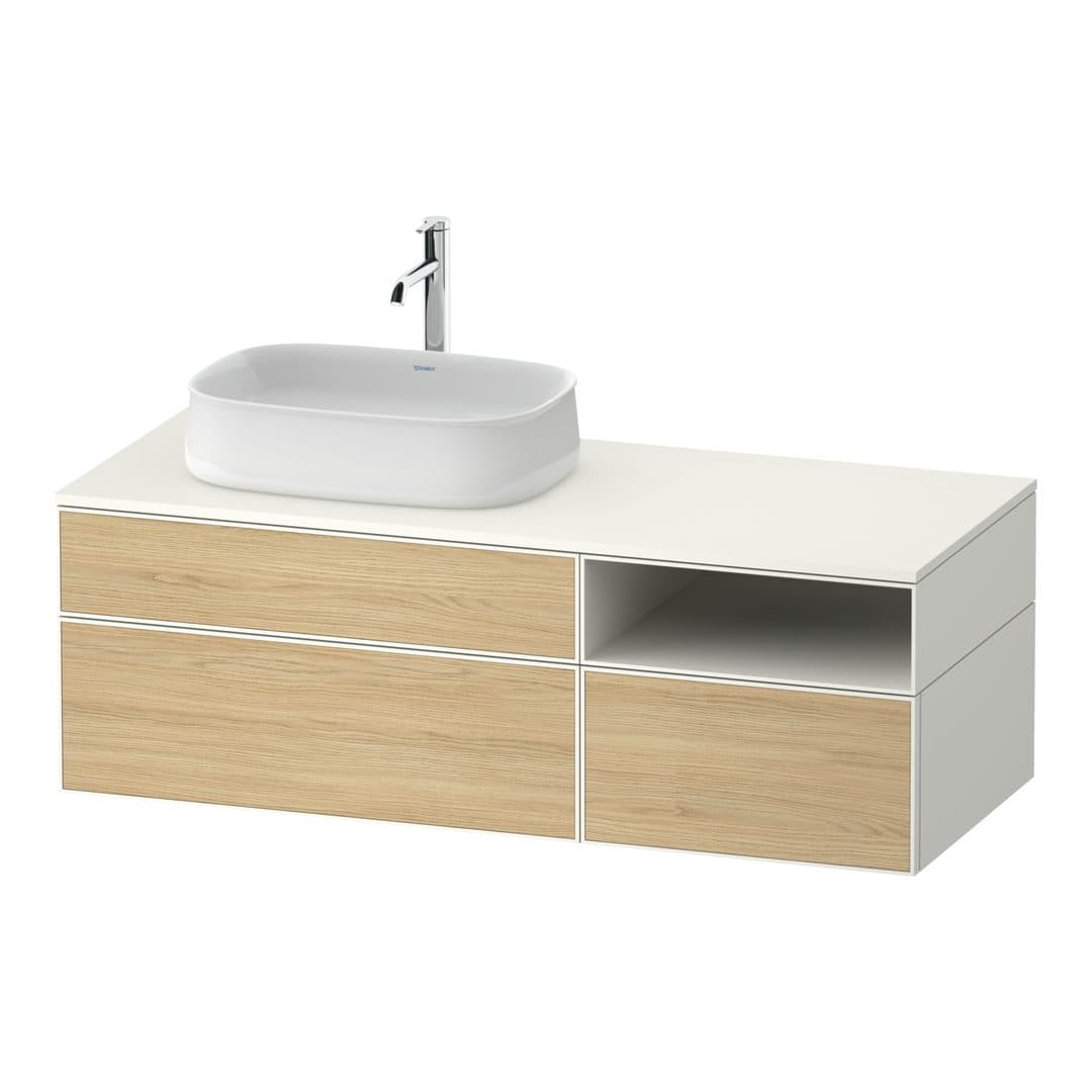 Duravit Zencha – Έπιπλο Νιπτήρα – 1300 mm, για κονσόλα, 3 συρτάρια, νιπτήρας αριστερά, σώμα White Super Matt – Natural oak, Decor (ZE4828030840000)