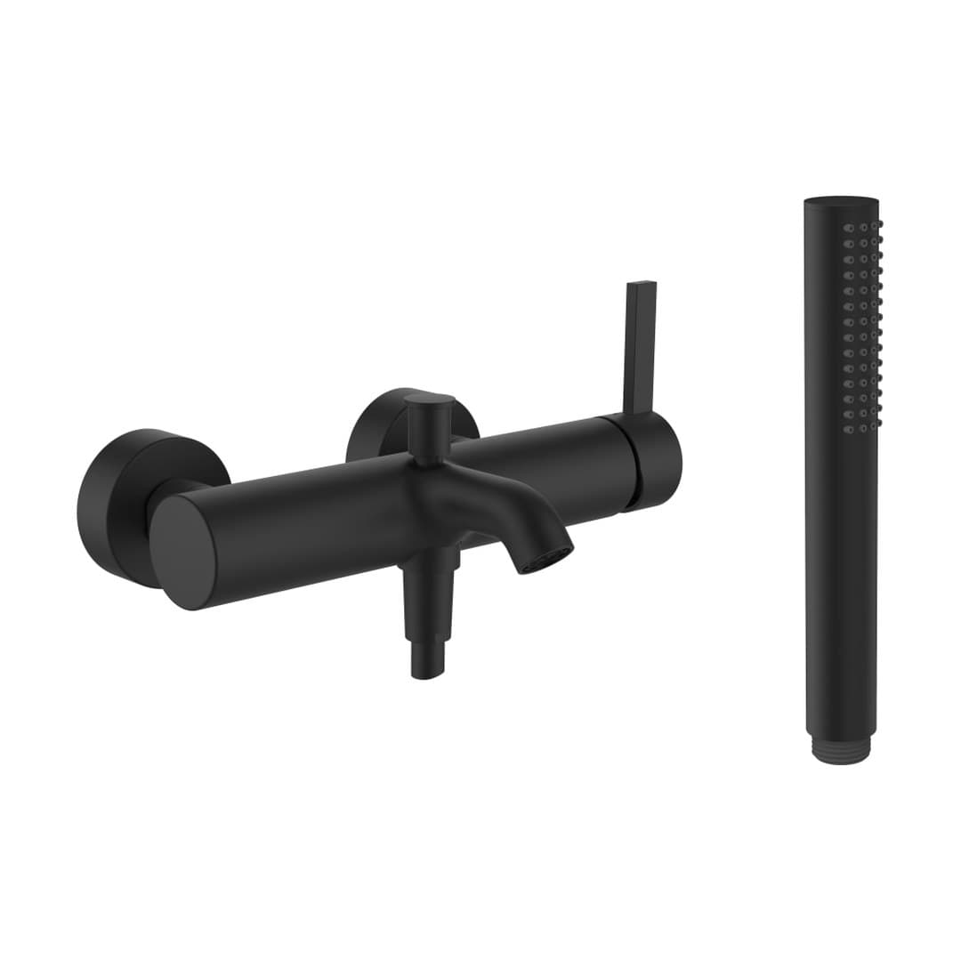 Laufen Kartell LAUFEN – Μπαταρία Λουτρού Τοίχου – προεξοχή 165 mm, σωλήνας 1800 mm, με τηλέφωνο ντους – PVD Titanium black matt (H3213370811411)